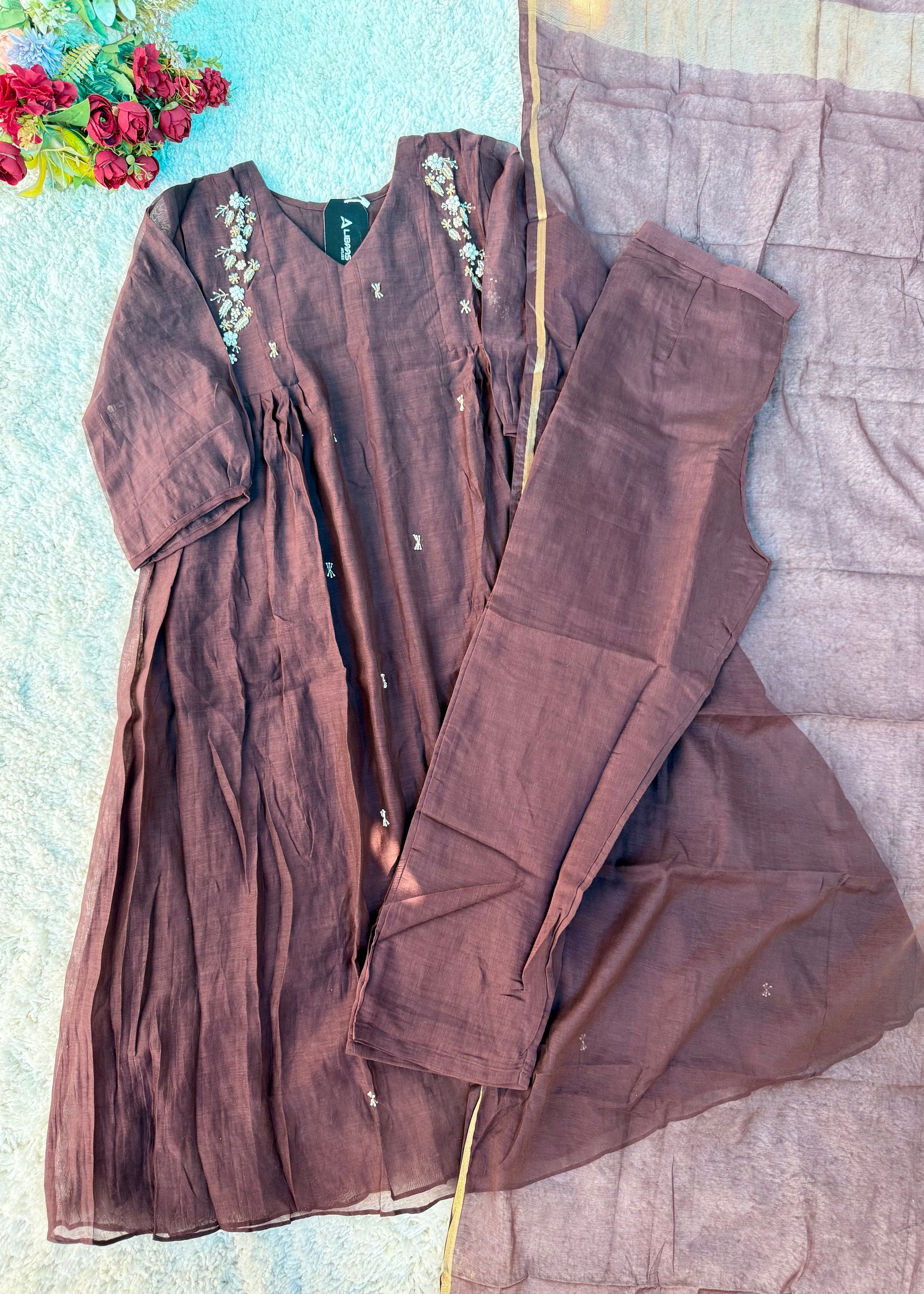 “Zayna” Premium Rich Brown Mul Chanderi anarkali kurta set