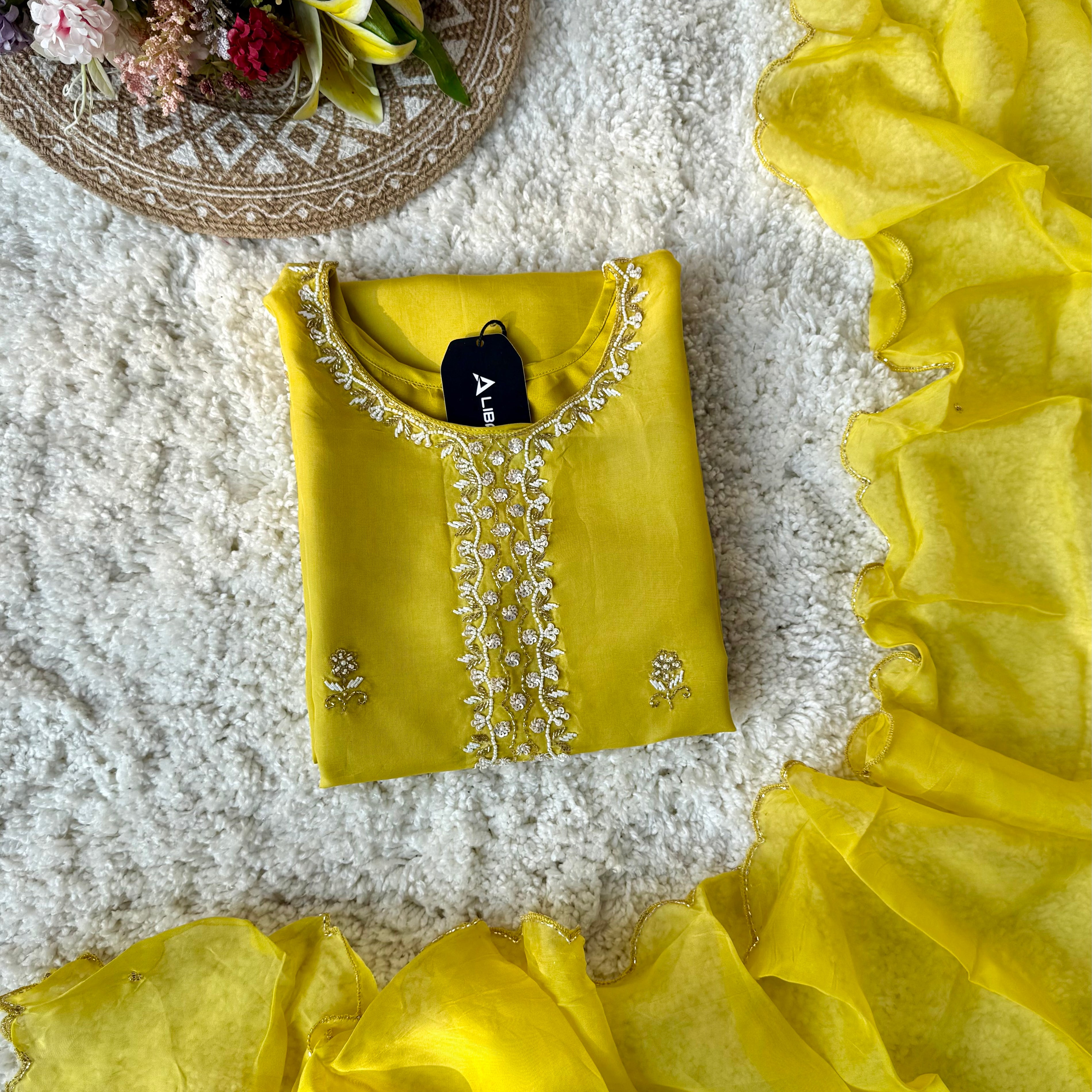 ✨ “Ariana – Mustard Yellow Premium Chinnon handwork kurta set