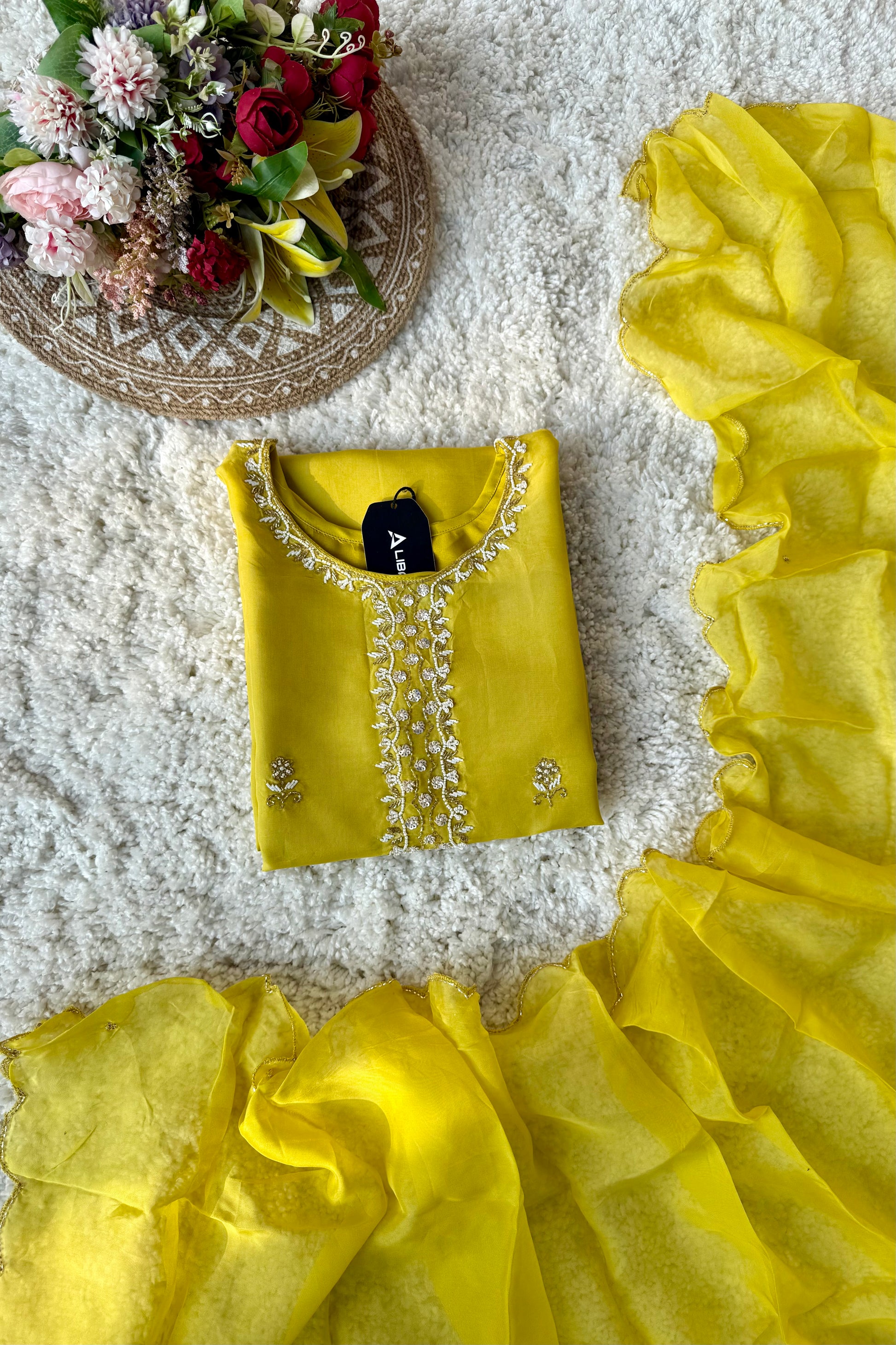 ✨ “Ariana – Mustard Yellow Premium Chinnon handwork kurta set