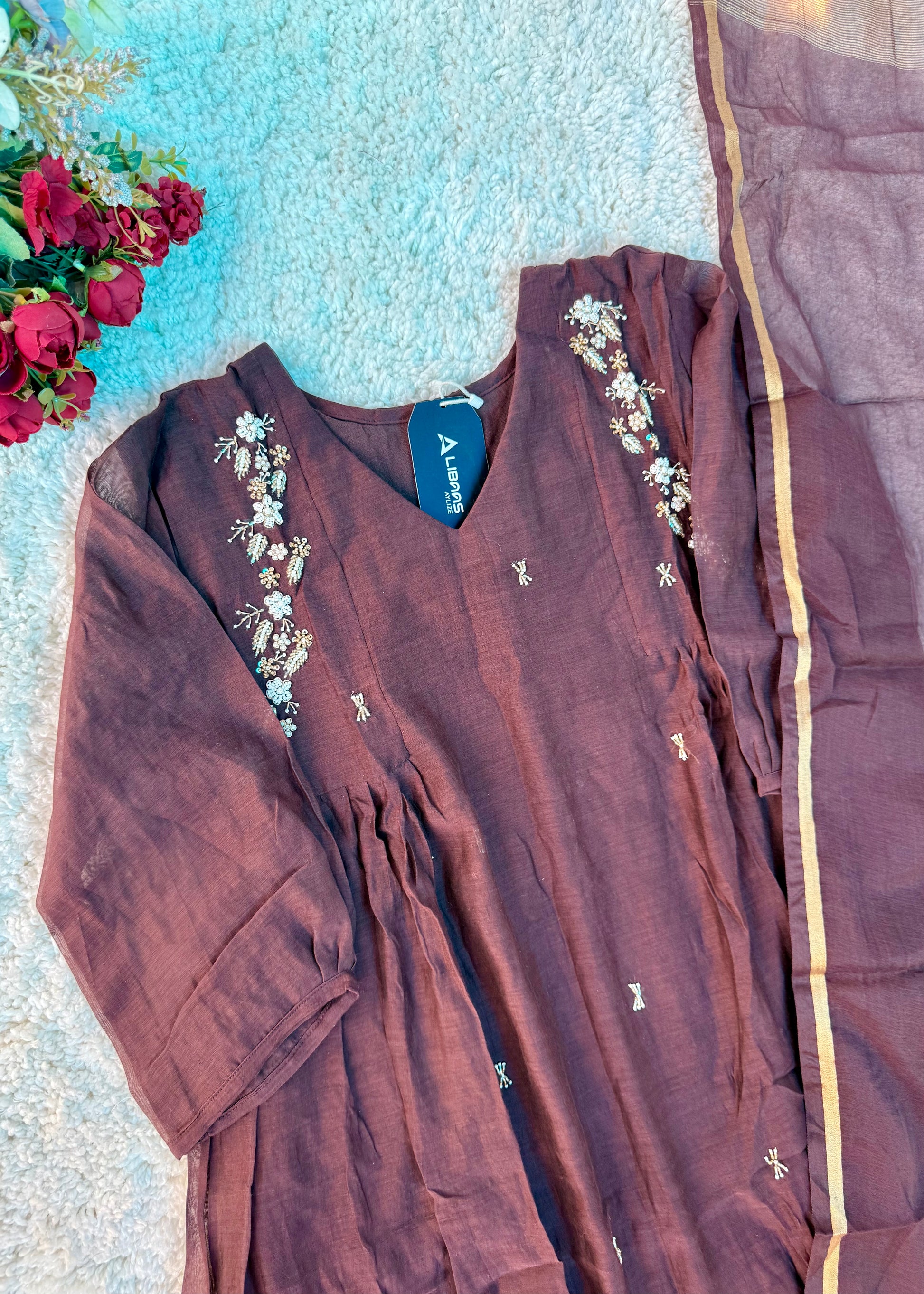 “Zayna” Premium Rich Brown Mul Chanderi anarkali kurta set