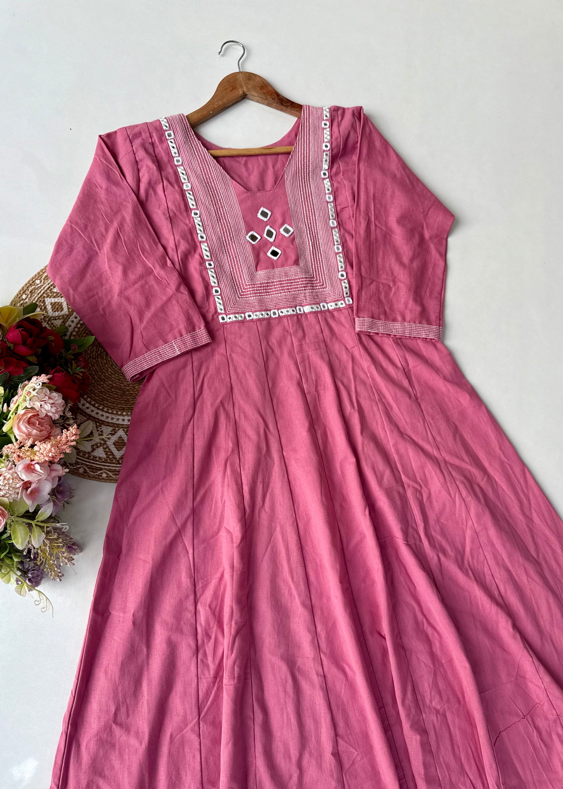 “IRYA" Rose Pink Mirror work cotton Anarkali kurta set