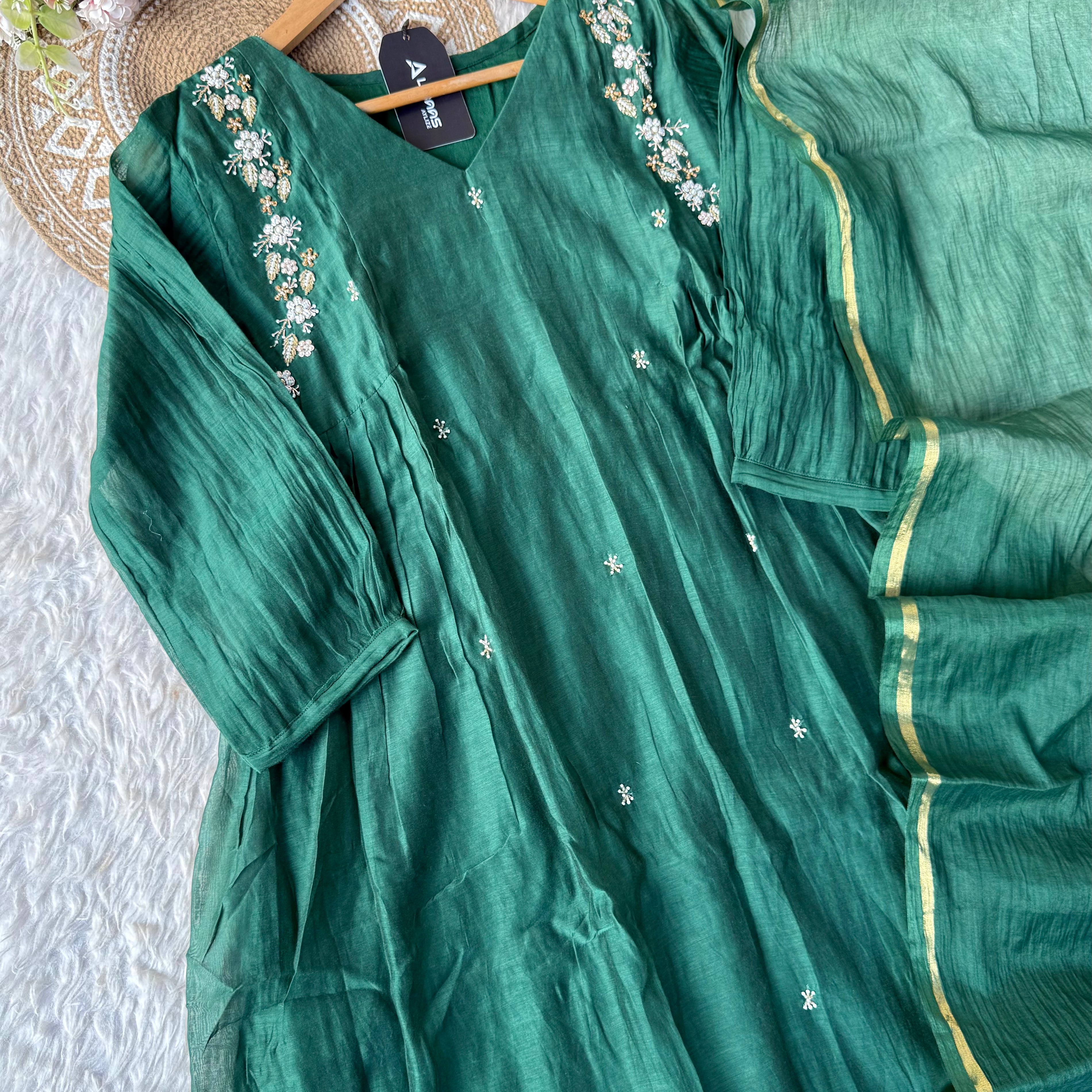 “Zayna” Premium Green Mul Chanderi anarkali kurta set