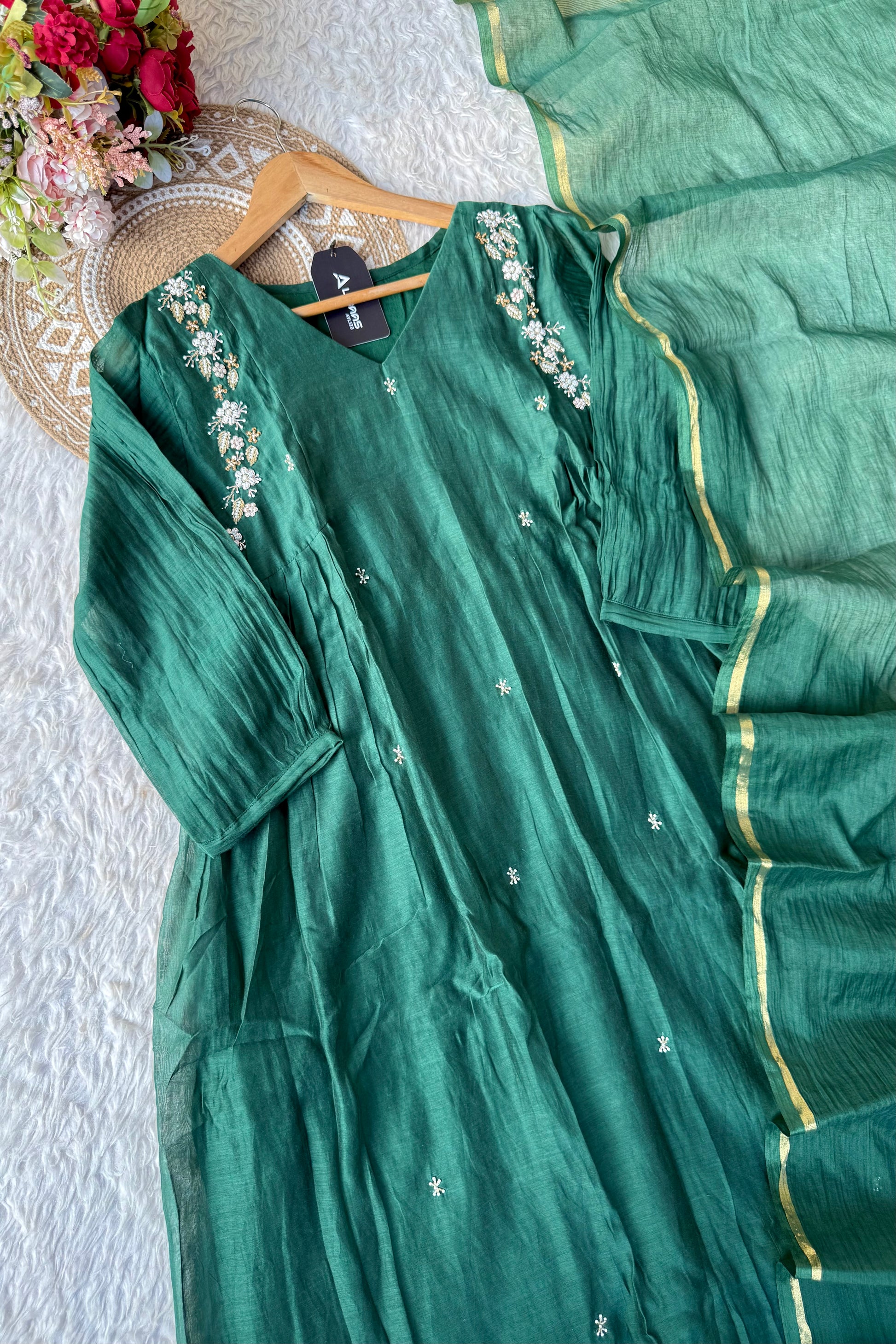 “Zayna” Premium Green Mul Chanderi anarkali kurta set