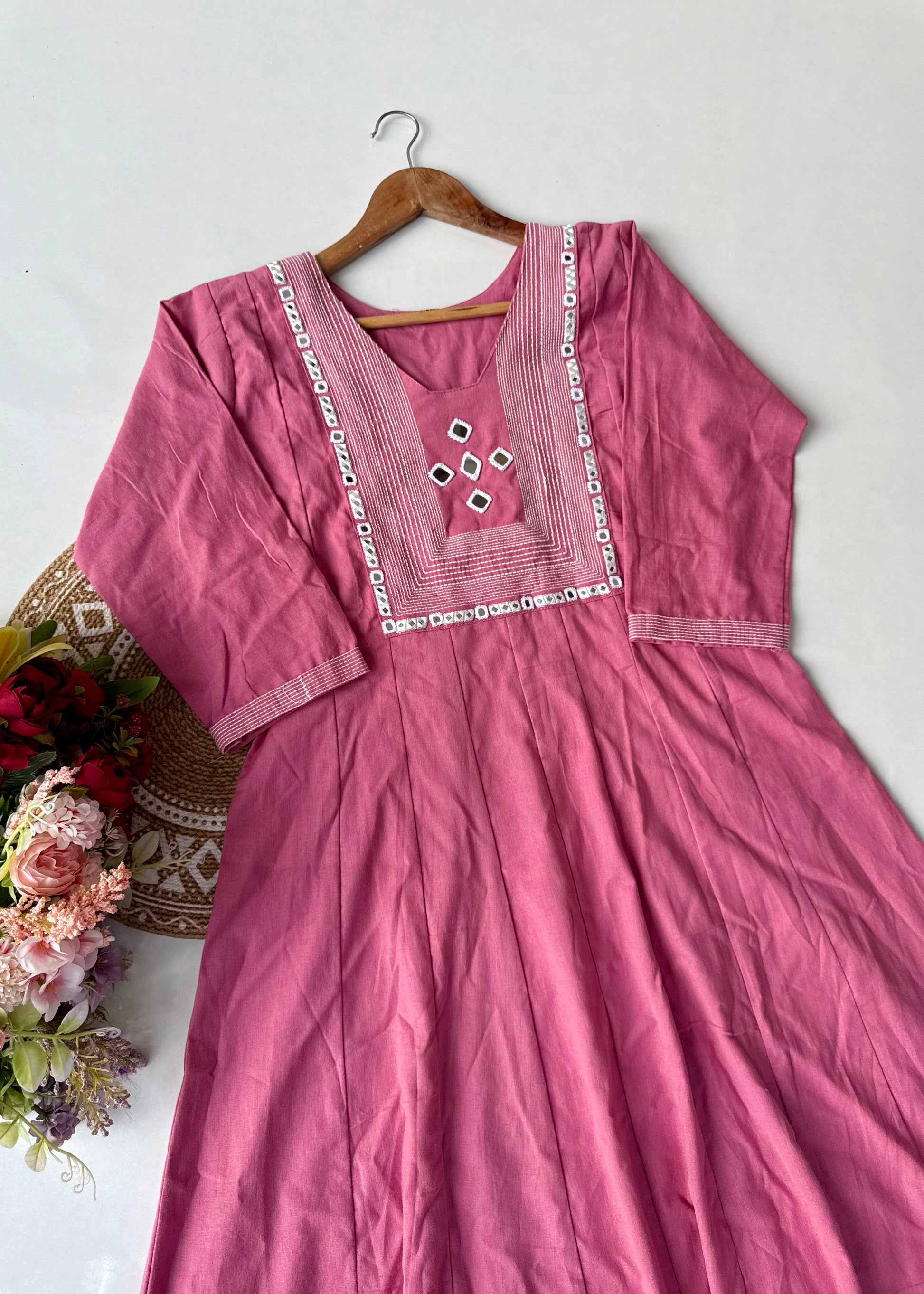 “IRYA" Rose Pink Mirror work cotton Anarkali kurta set