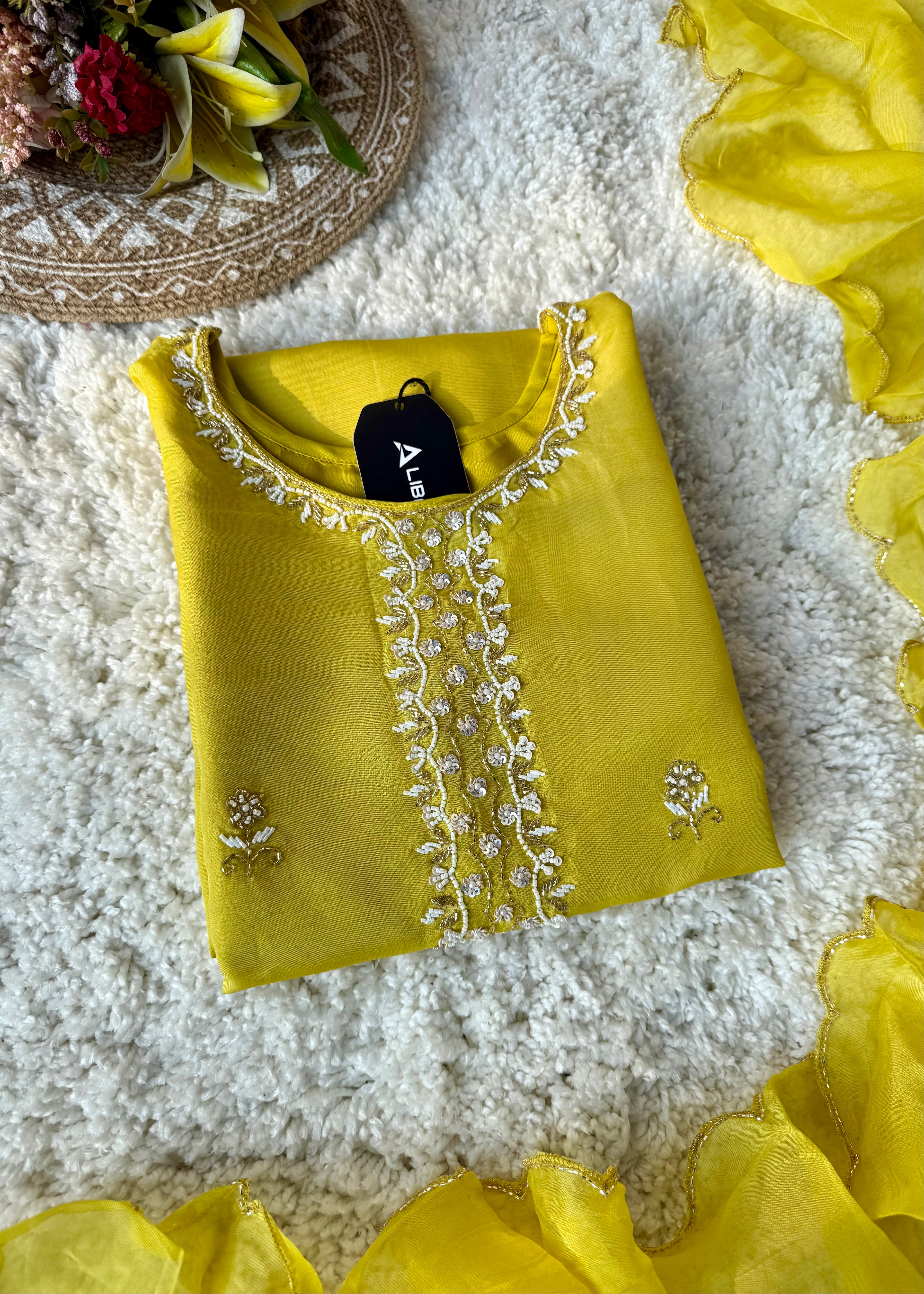✨ “Ariana – Mustard Yellow Premium Chinnon handwork kurta set