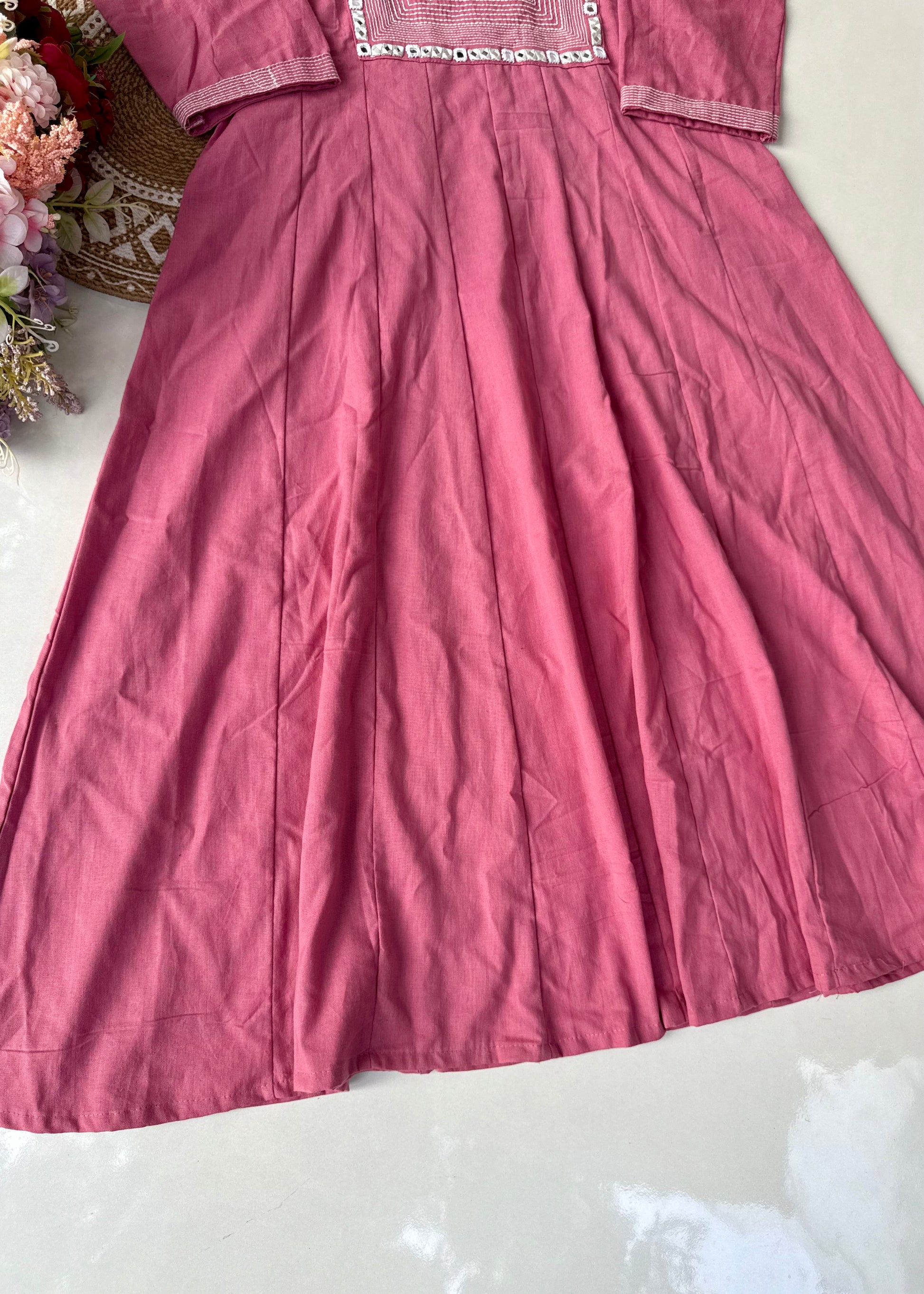 “IRYA" Rose Pink Mirror work cotton Anarkali kurta set