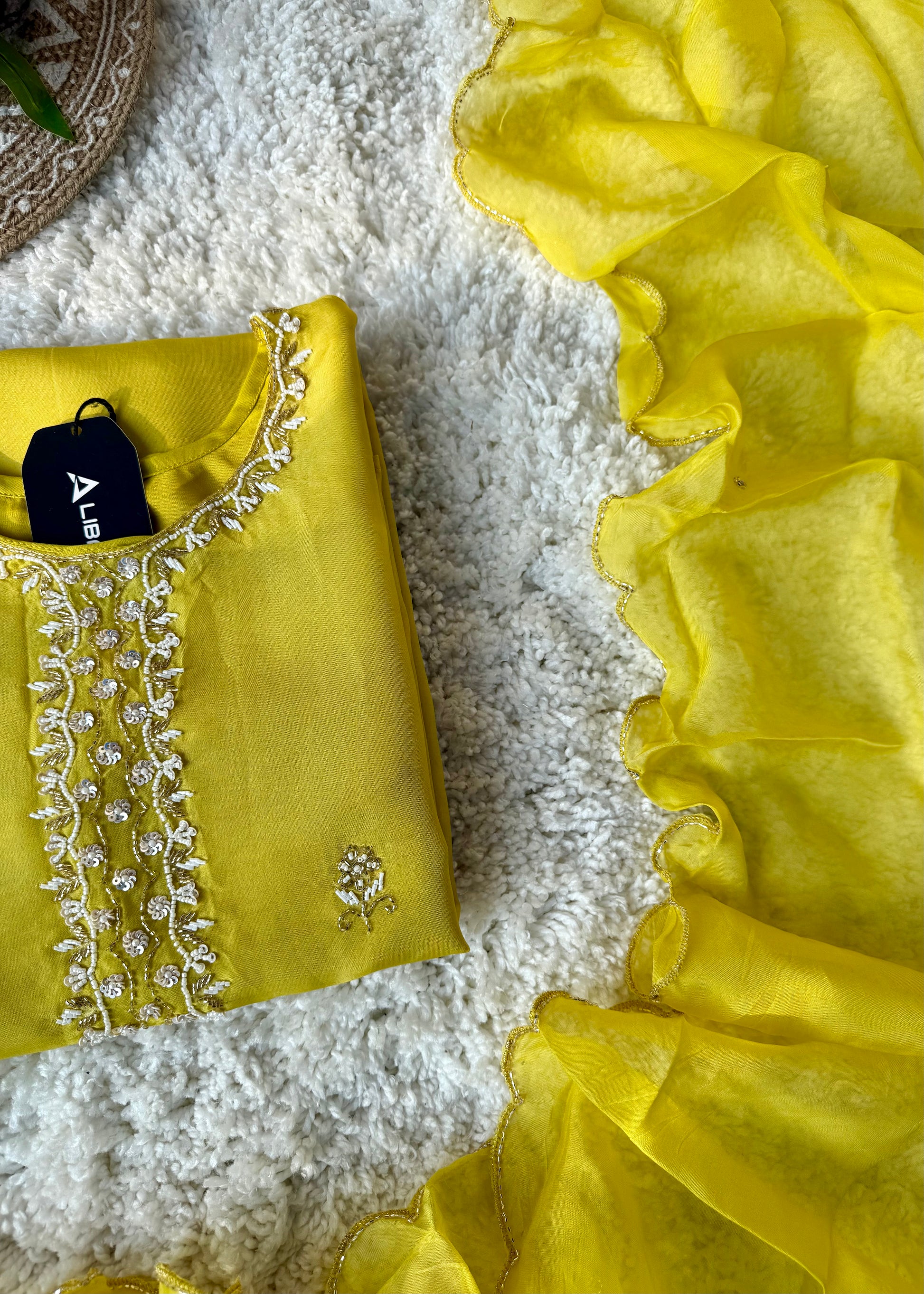 ✨ “Ariana – Mustard Yellow Premium Chinnon handwork kurta set