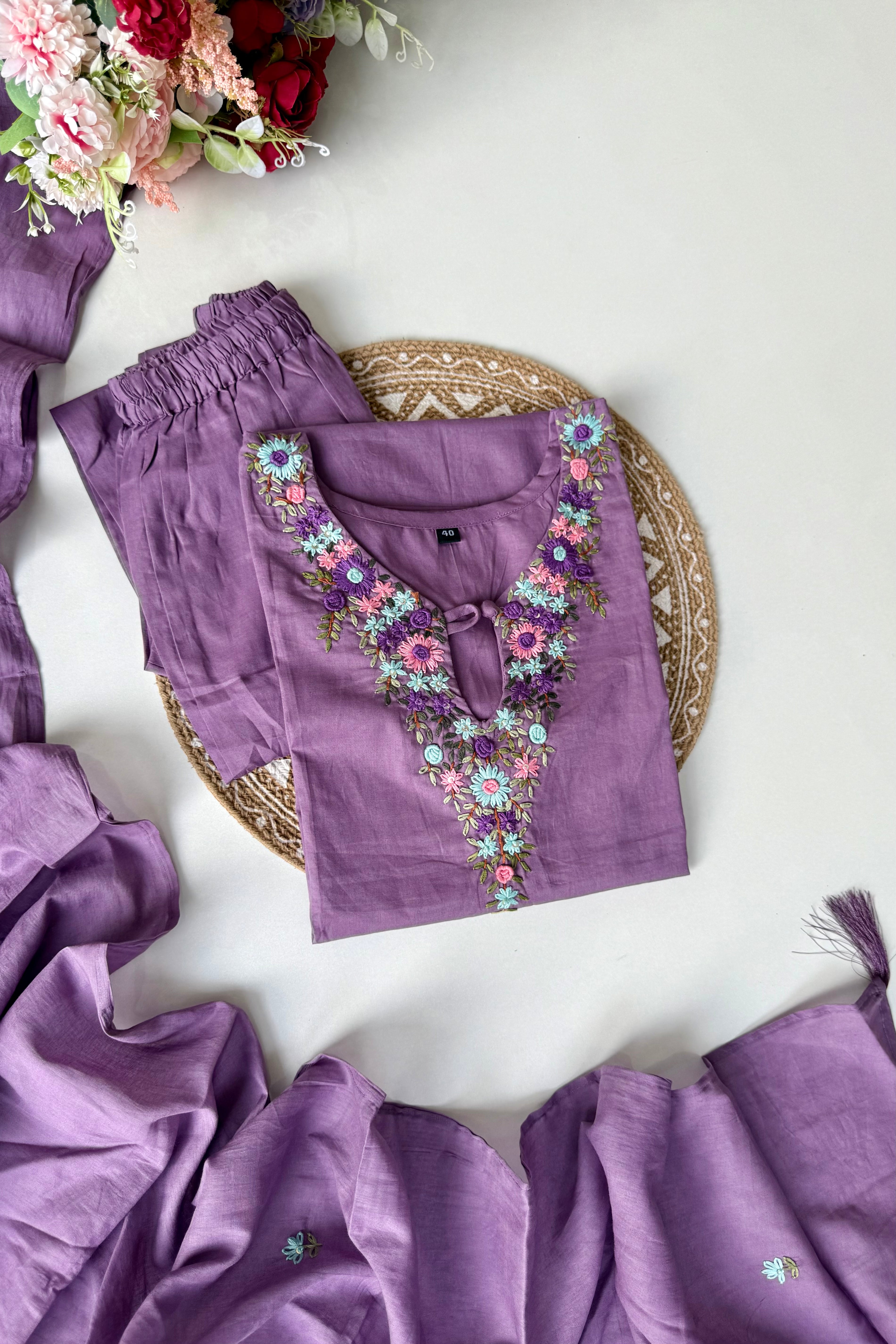 “Avnika” Premium cotton thread work kurta set