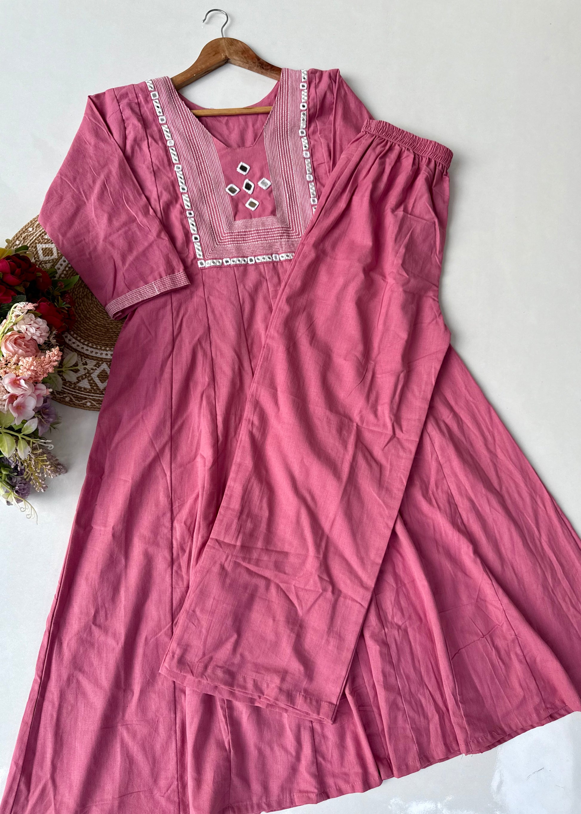 “IRYA" Rose Pink Mirror work cotton Anarkali kurta set