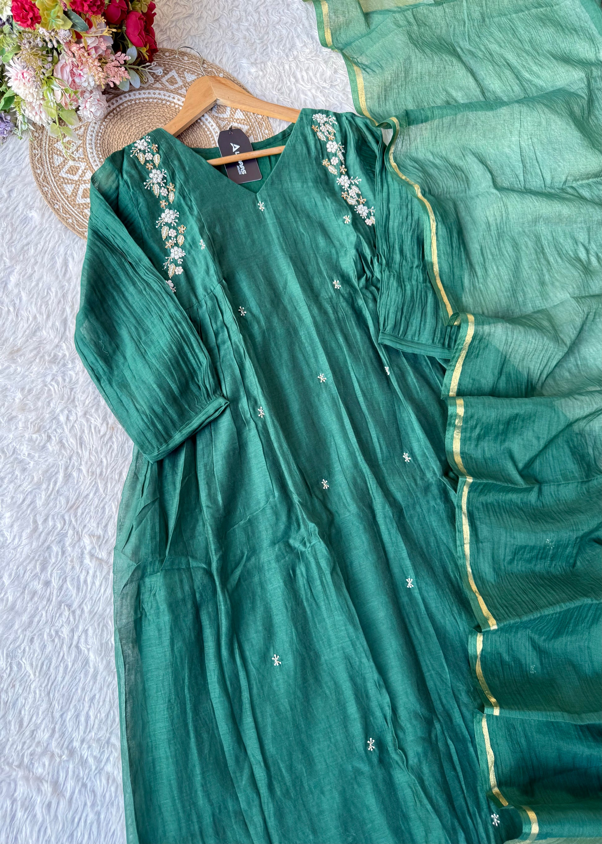 “Zayna” Premium Green Mul Chanderi anarkali kurta set
