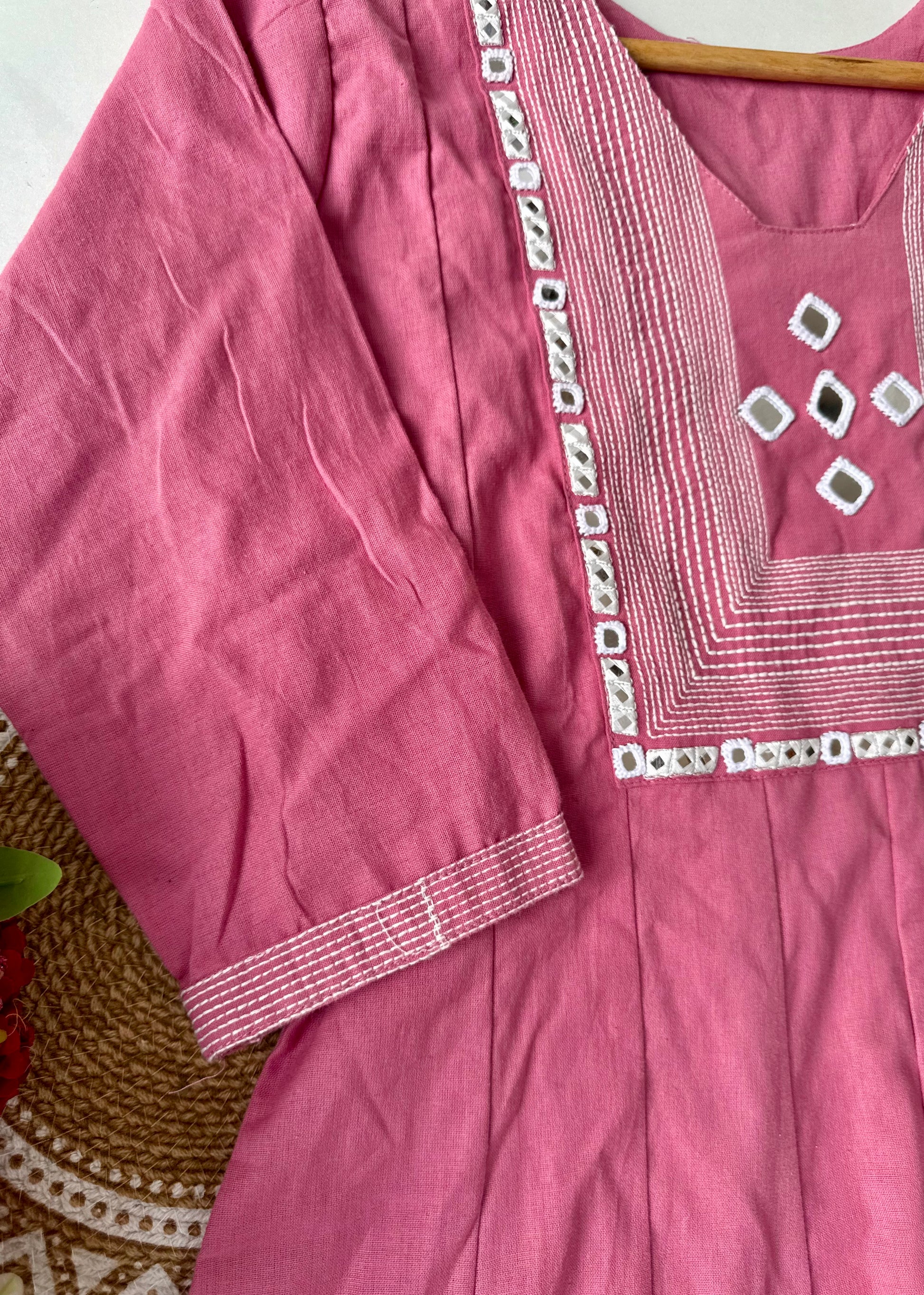 “IRYA" Rose Pink Mirror work cotton Anarkali kurta set