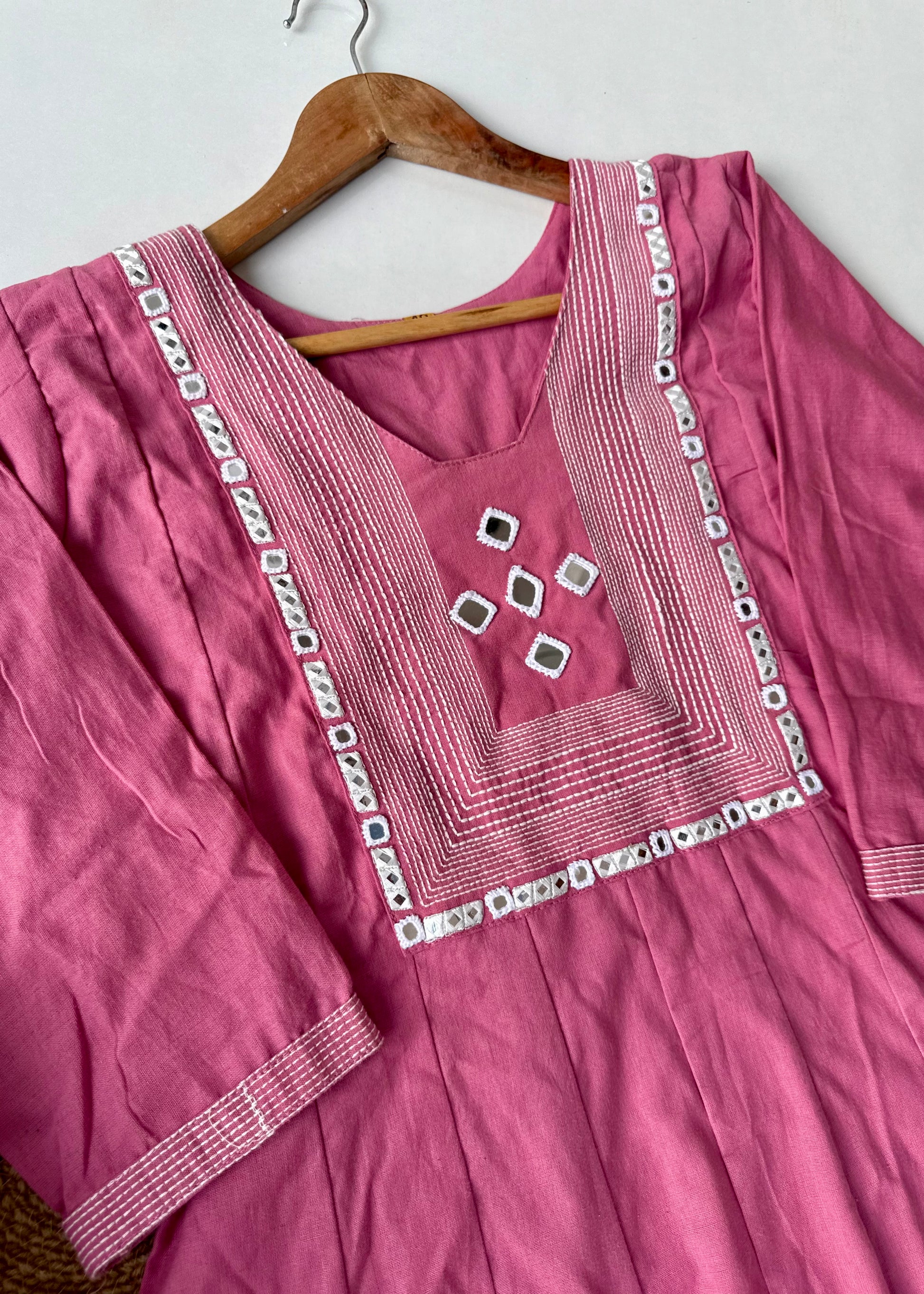 “IRYA" Rose Pink Mirror work cotton Anarkali kurta set