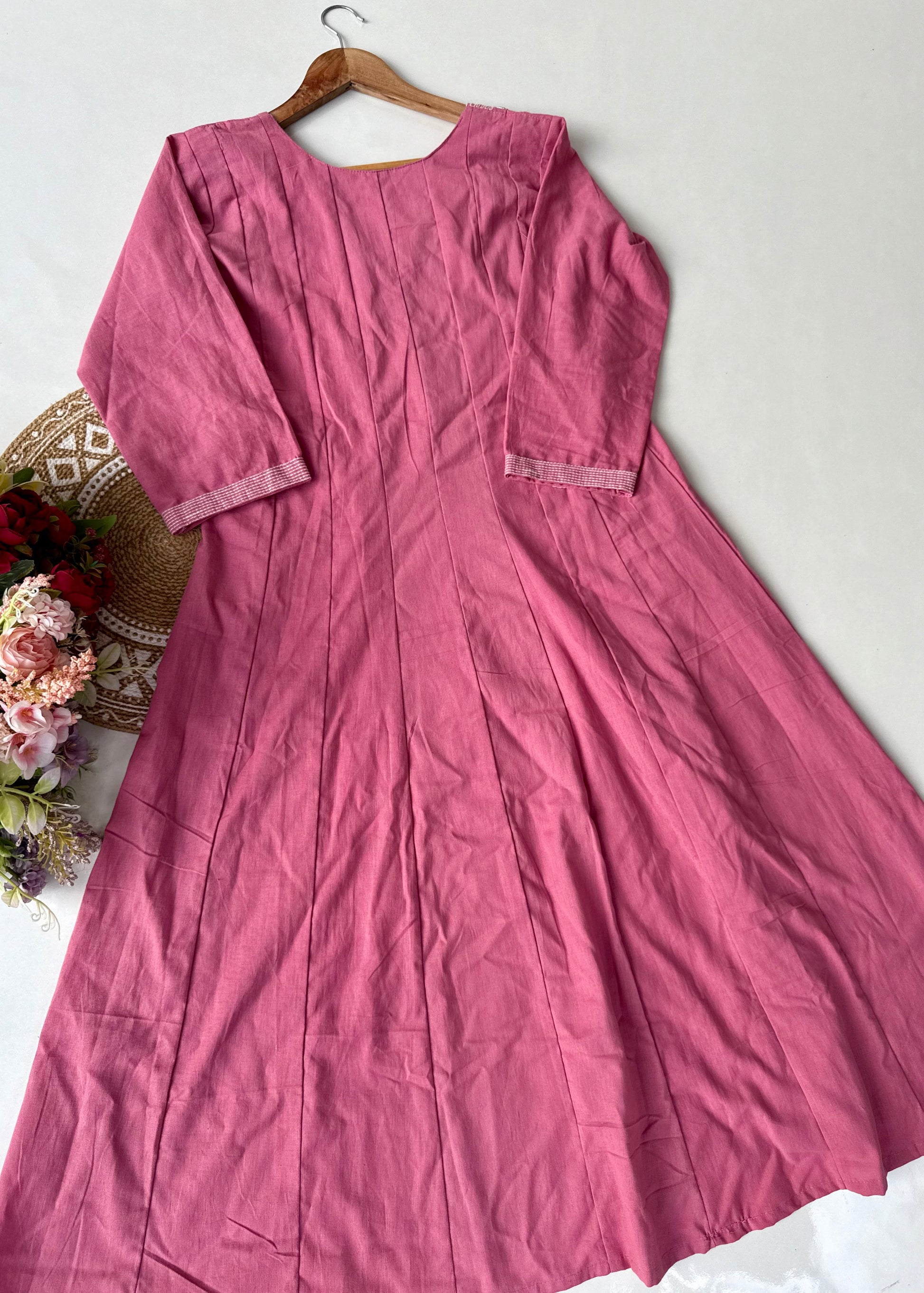 “IRYA" Rose Pink Mirror work cotton Anarkali kurta set