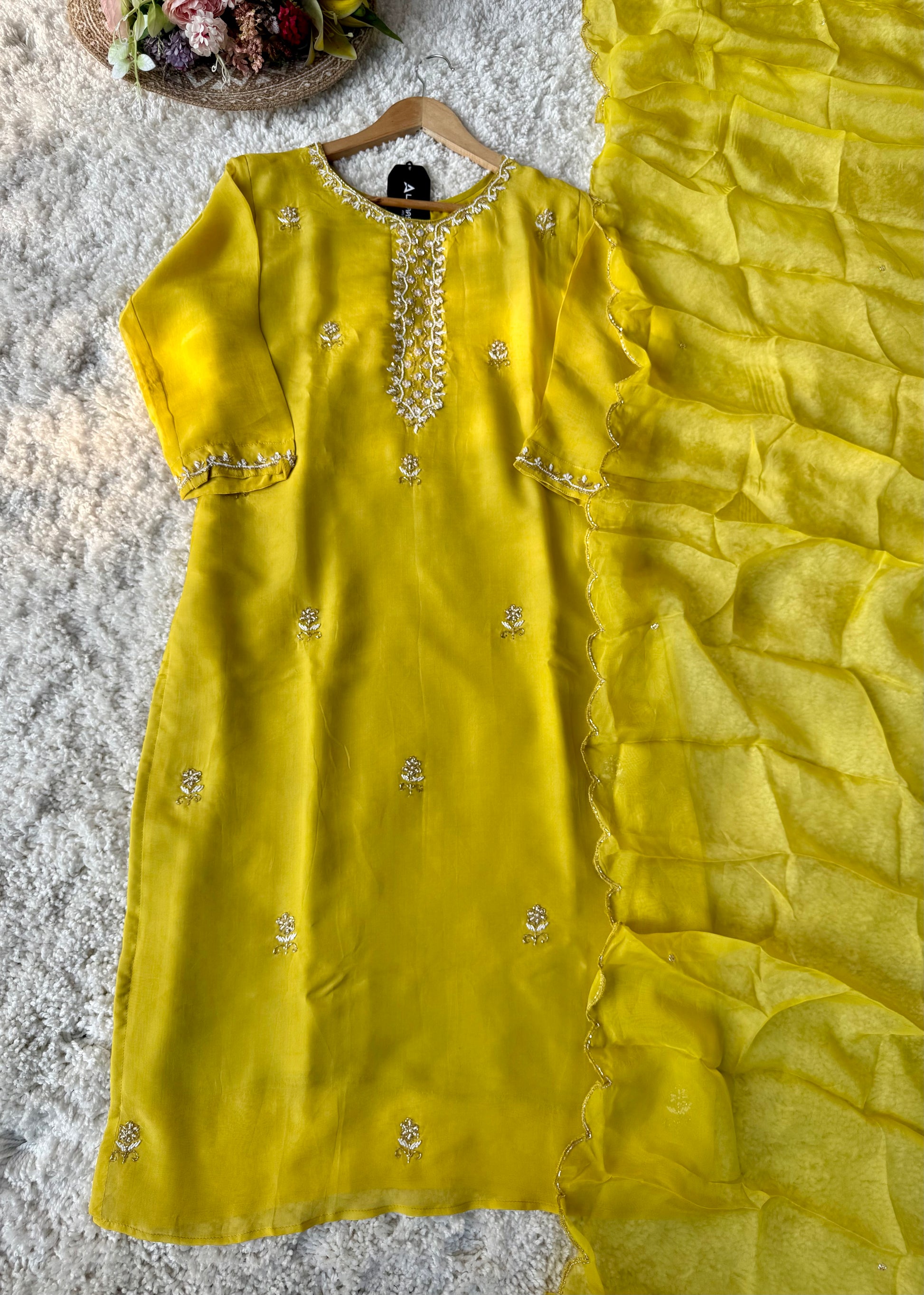 ✨ “Ariana – Mustard Yellow Premium Chinnon handwork kurta set