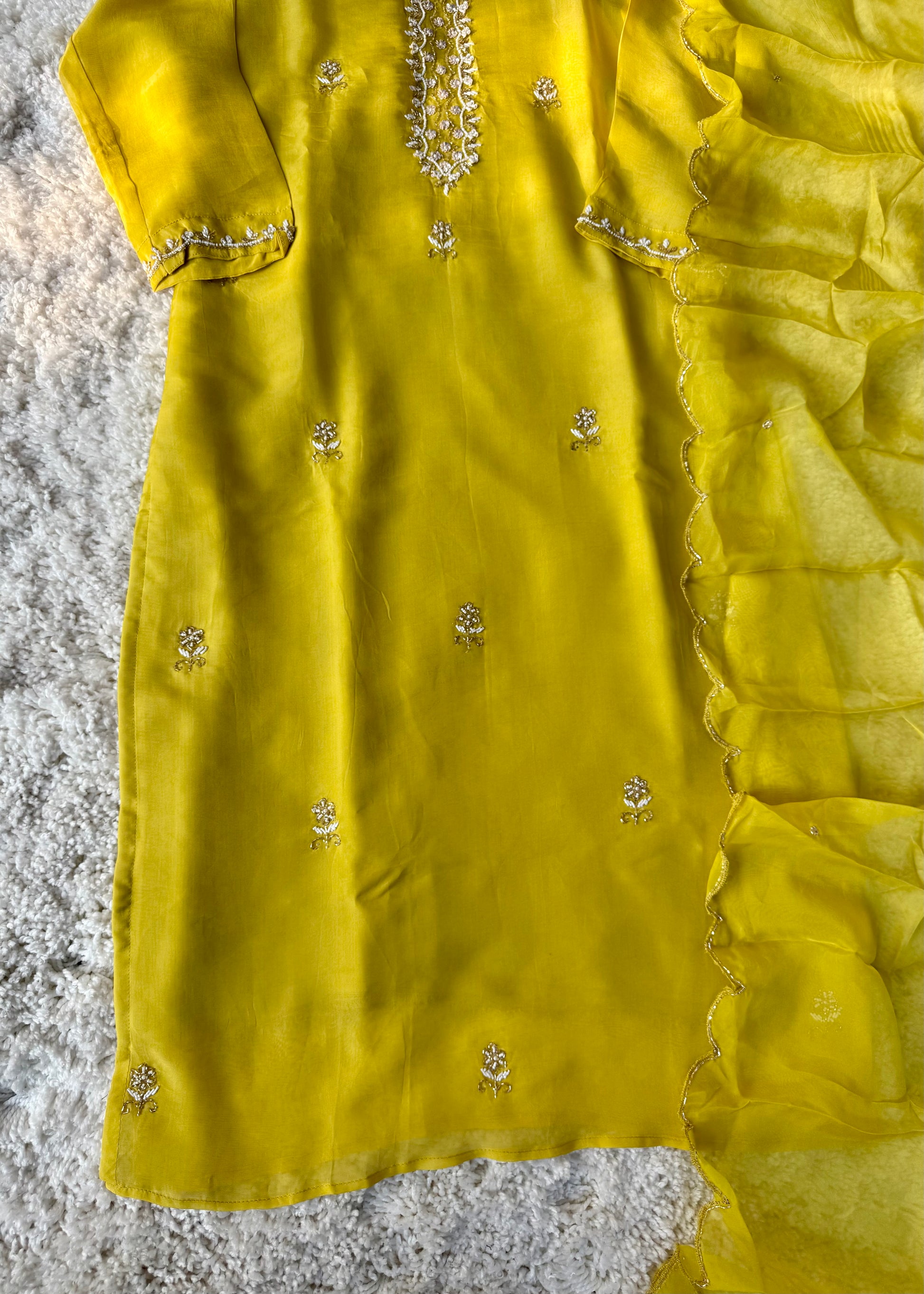 ✨ “Ariana – Mustard Yellow Premium Chinnon handwork kurta set