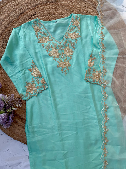 “Applique” Applique work handcrafted dola silk kurta set