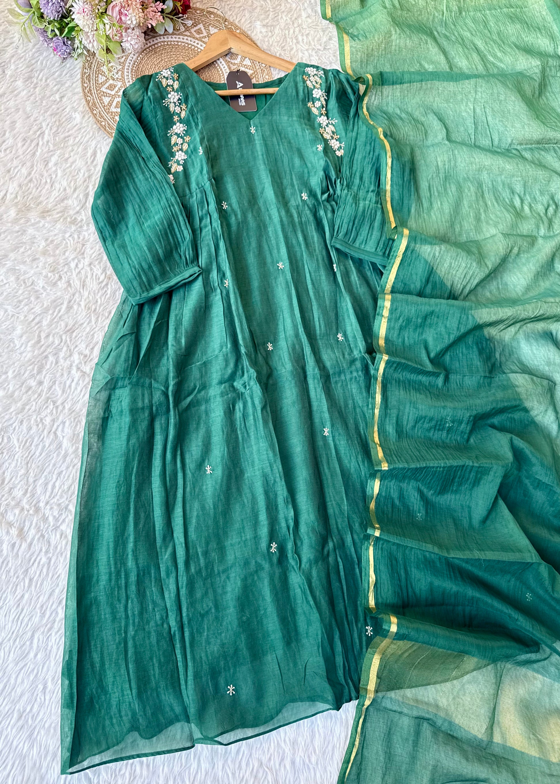“Zayna” Premium Green Mul Chanderi anarkali kurta set
