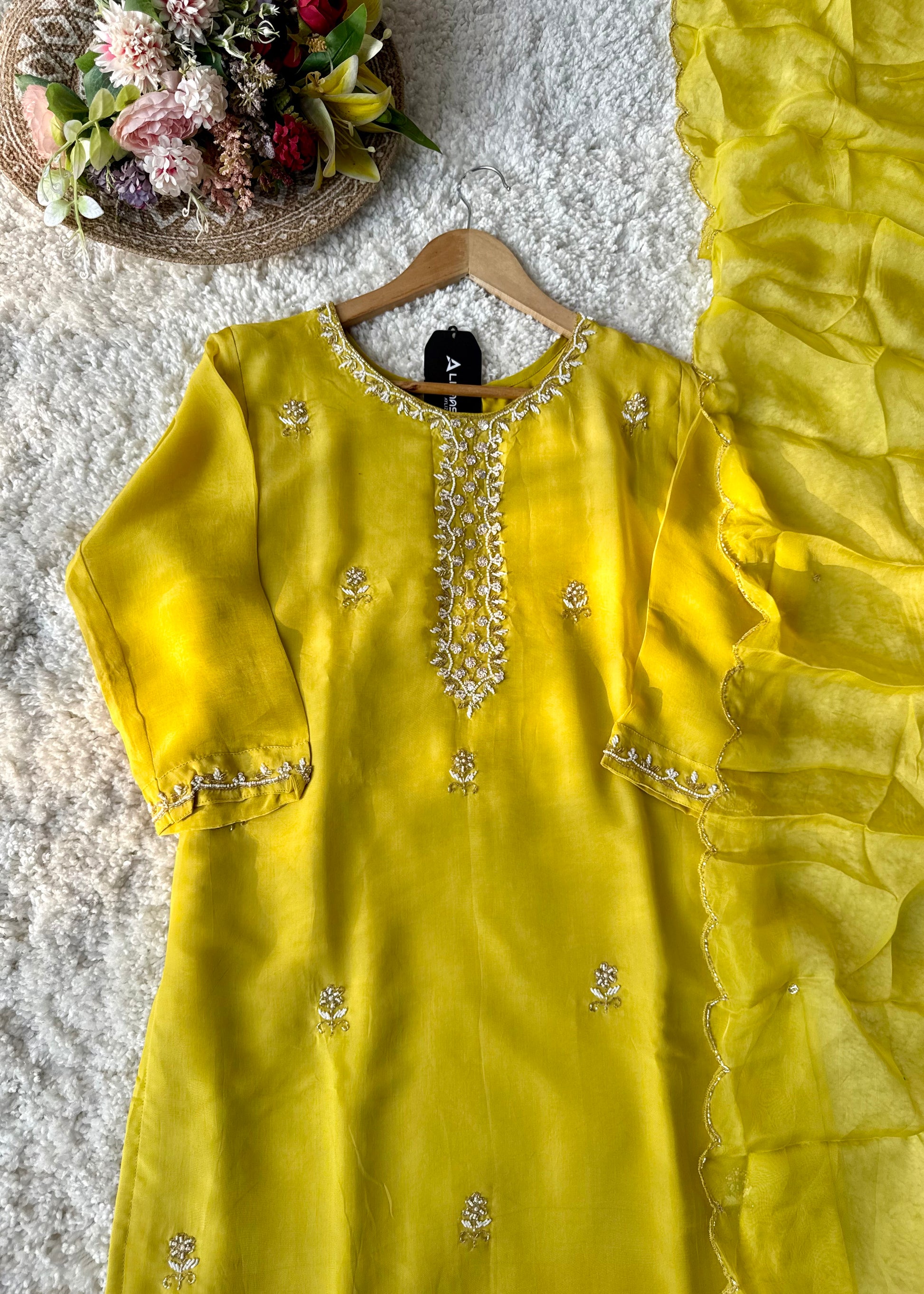 ✨ “Ariana – Mustard Yellow Premium Chinnon handwork kurta set