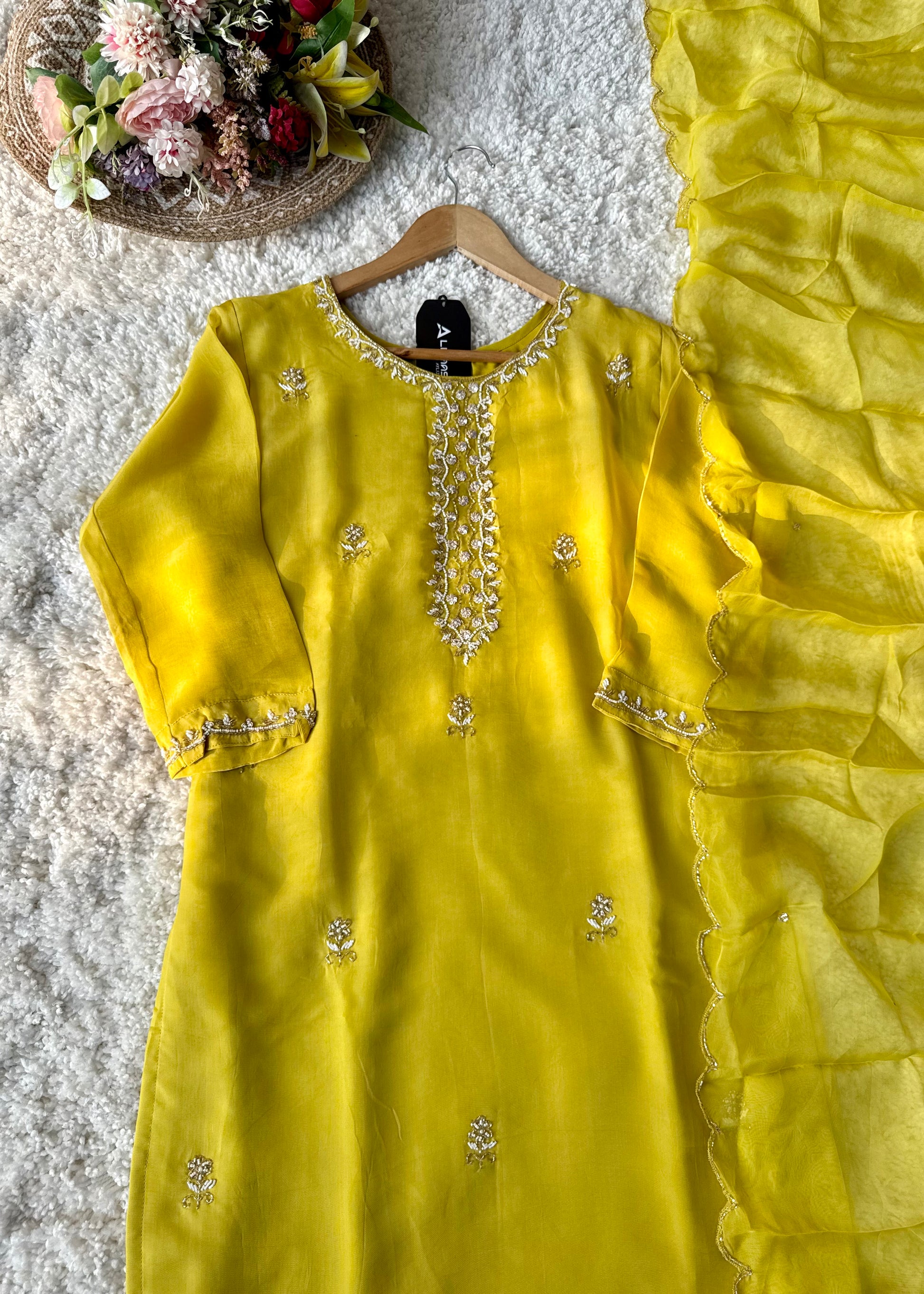 ✨ “Ariana – Mustard Yellow Premium Chinnon handwork kurta set