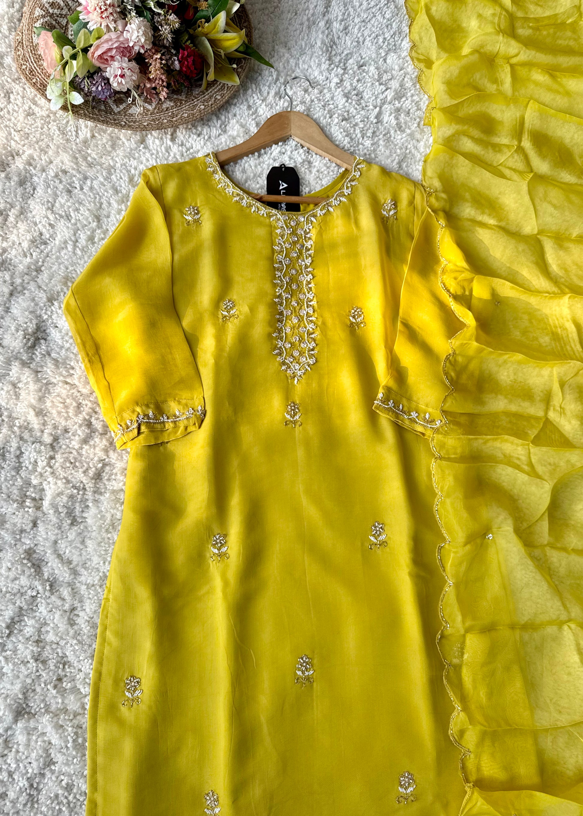 ✨ “Ariana – Mustard Yellow Premium Chinnon handwork kurta set