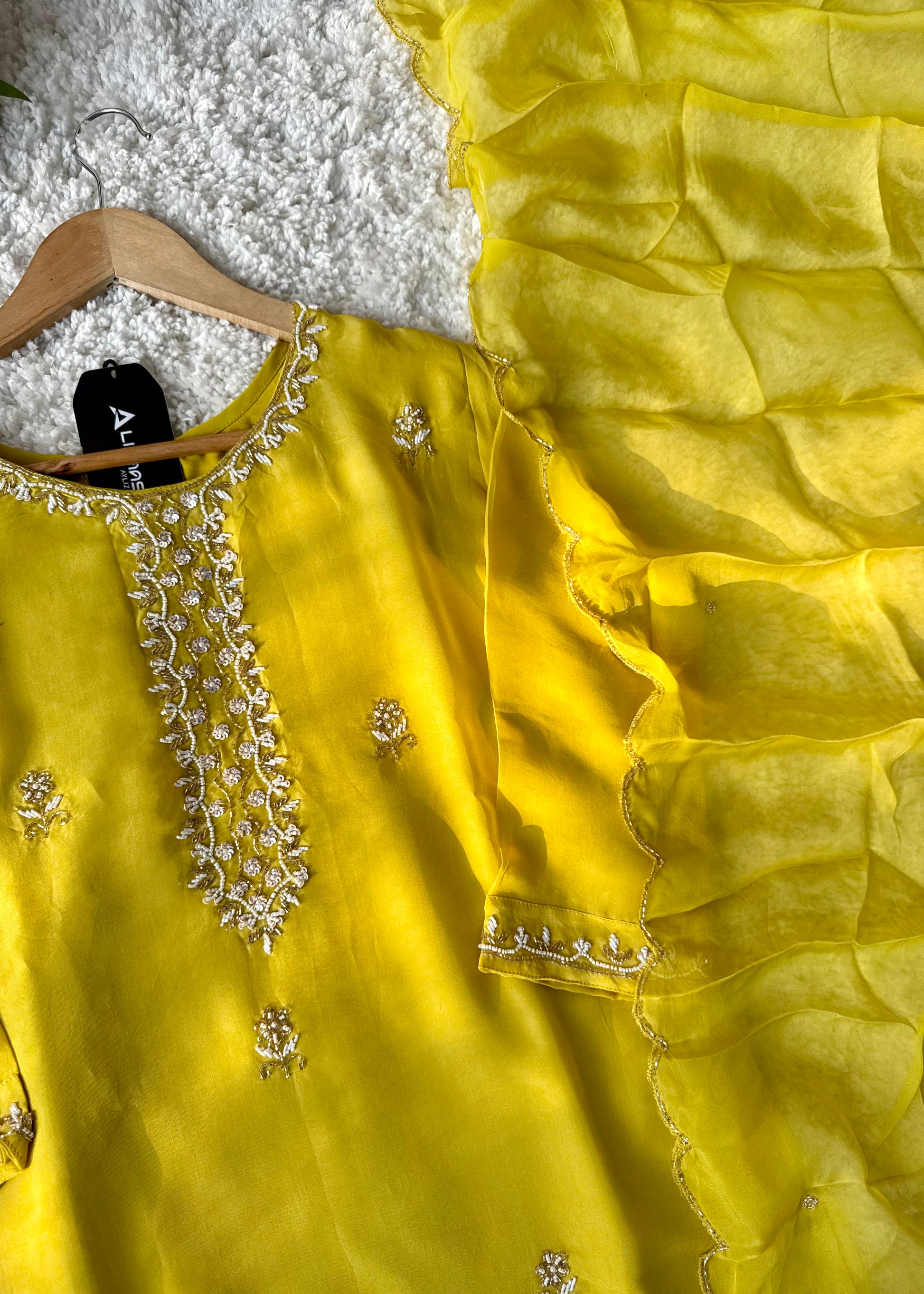 ✨ “Ariana – Mustard Yellow Premium Chinnon handwork kurta set