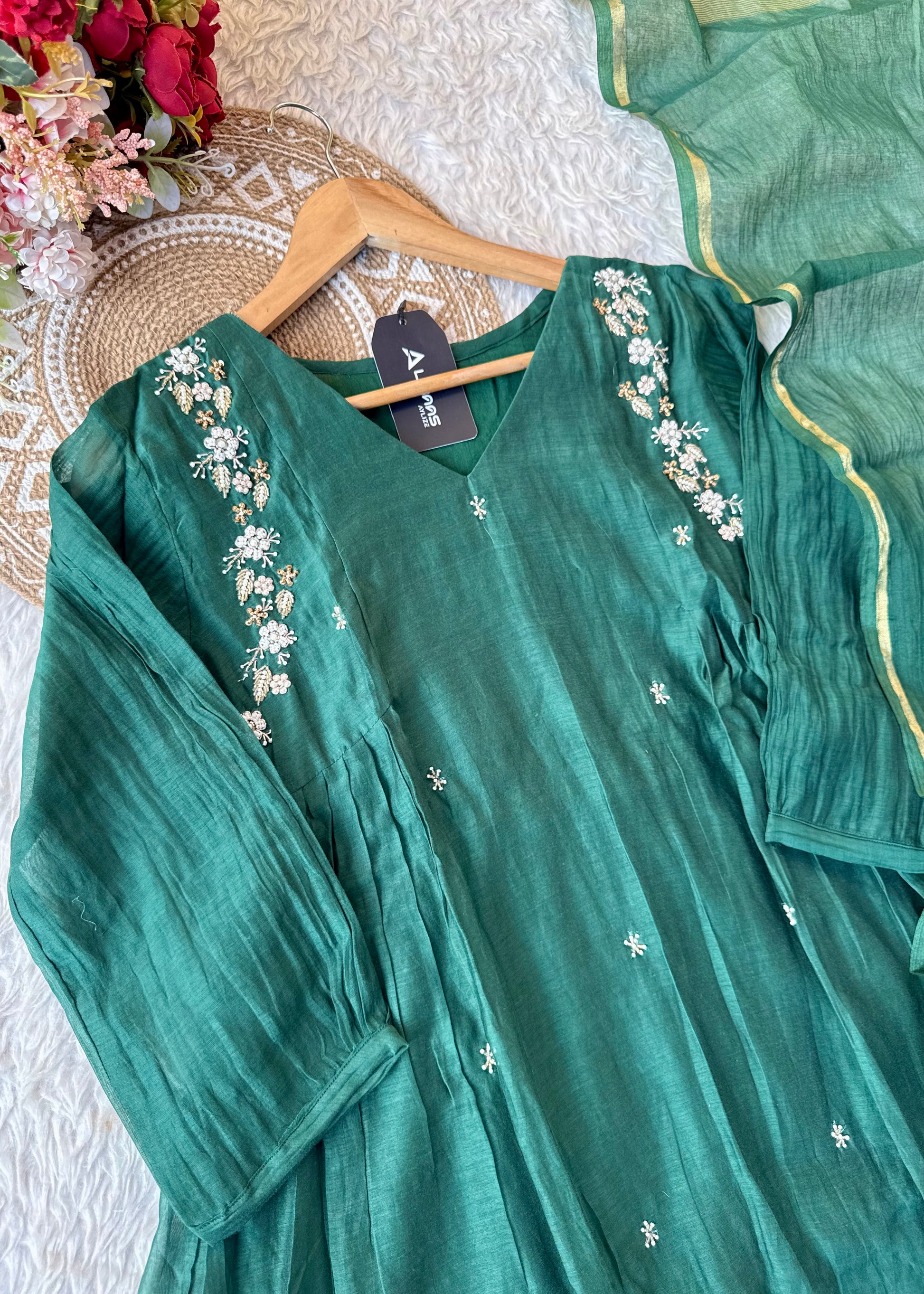 “Zayna” Premium Green Mul Chanderi anarkali kurta set