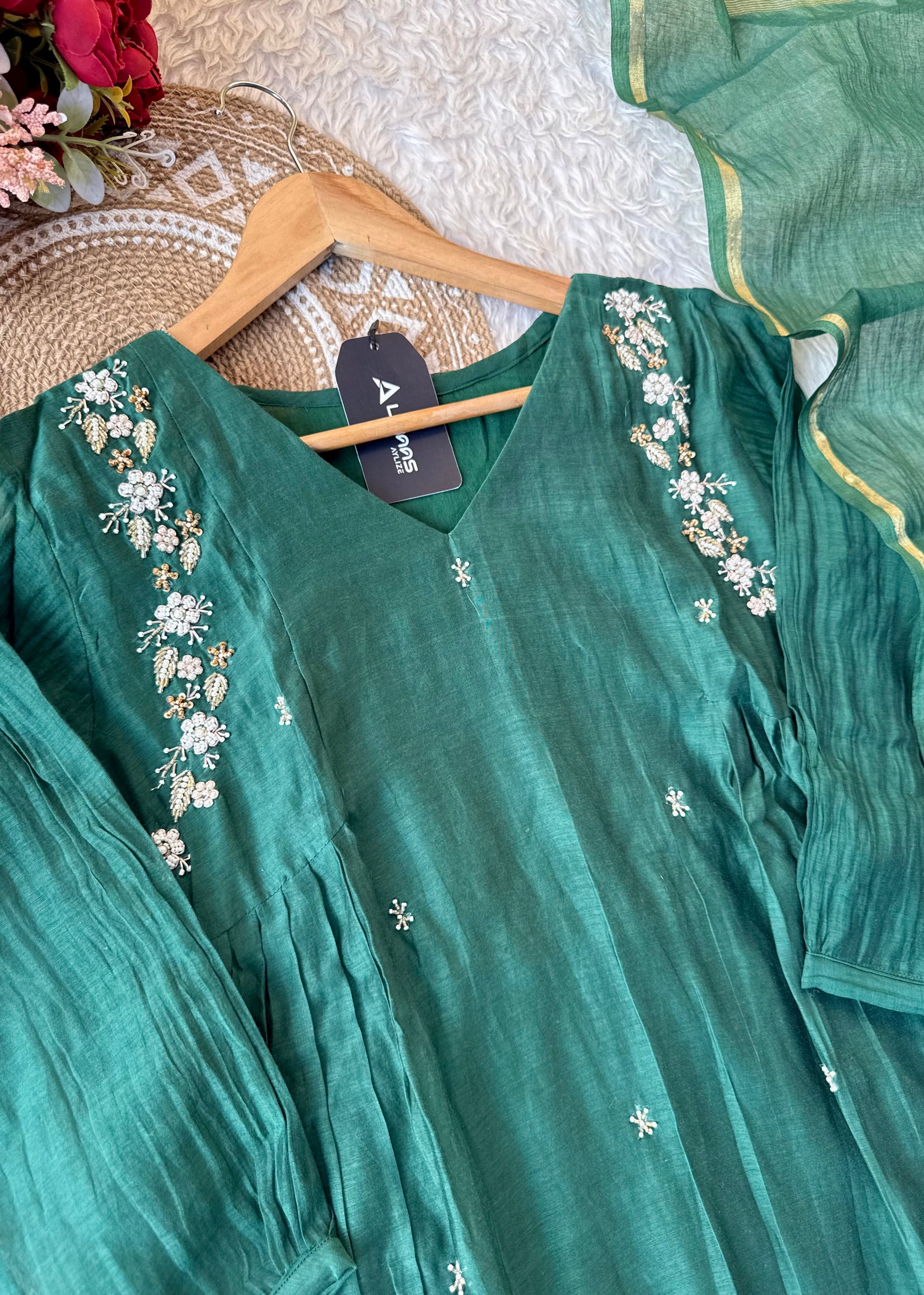 “Zayna” Premium Green Mul Chanderi anarkali kurta set