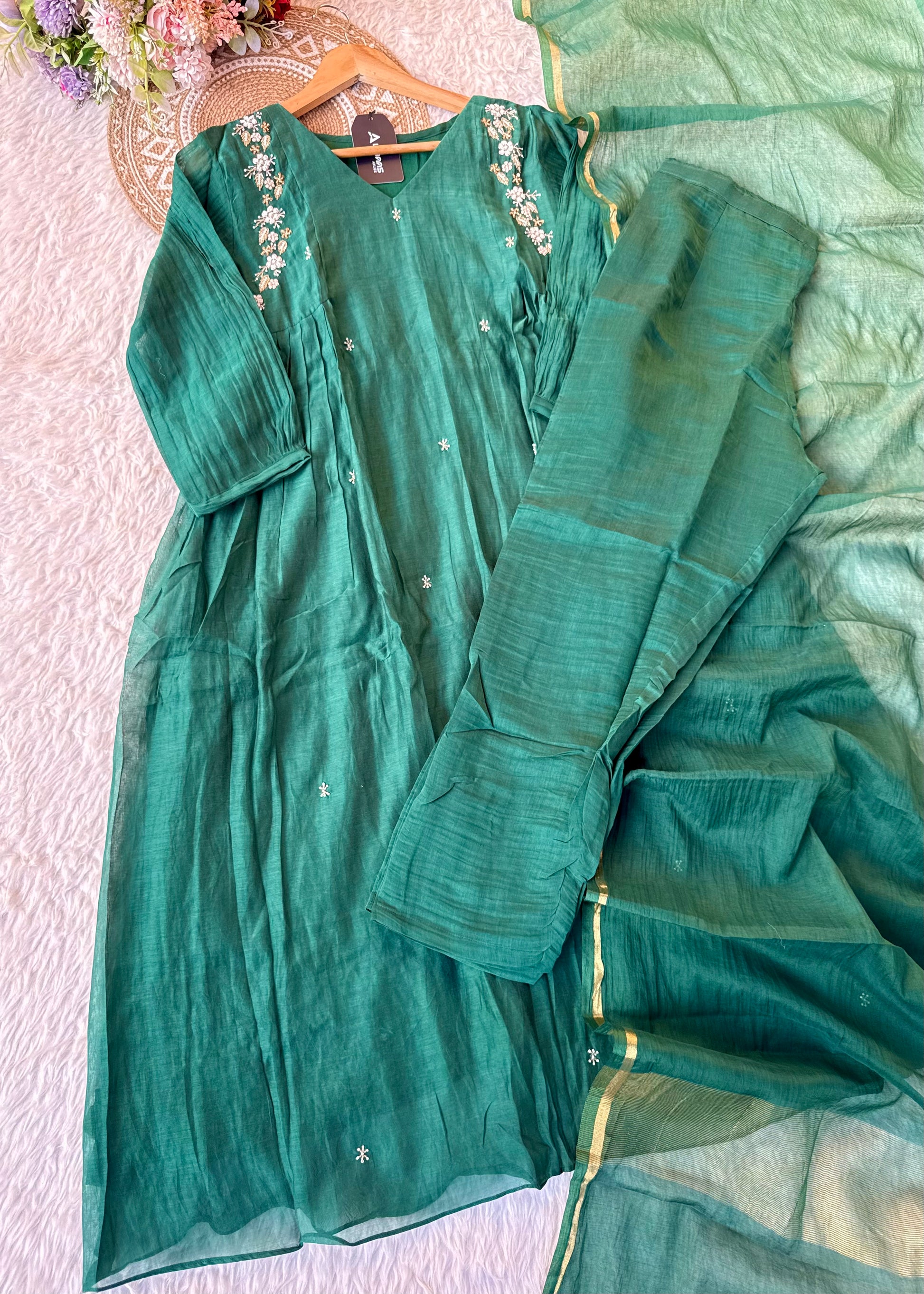 “Zayna” Premium Green Mul Chanderi anarkali kurta set