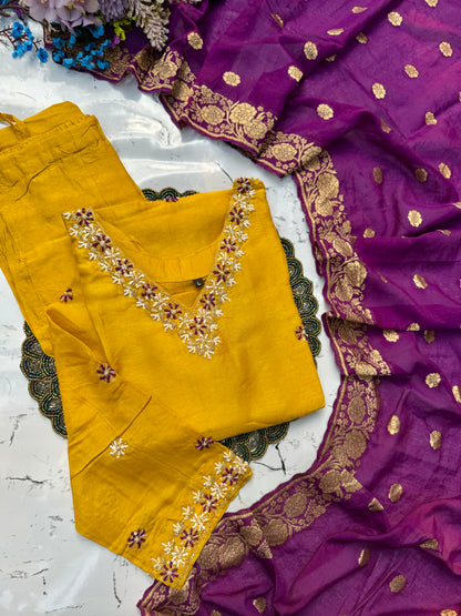 “Anannya” Beautiful Yellow V neck dola silk kurta set