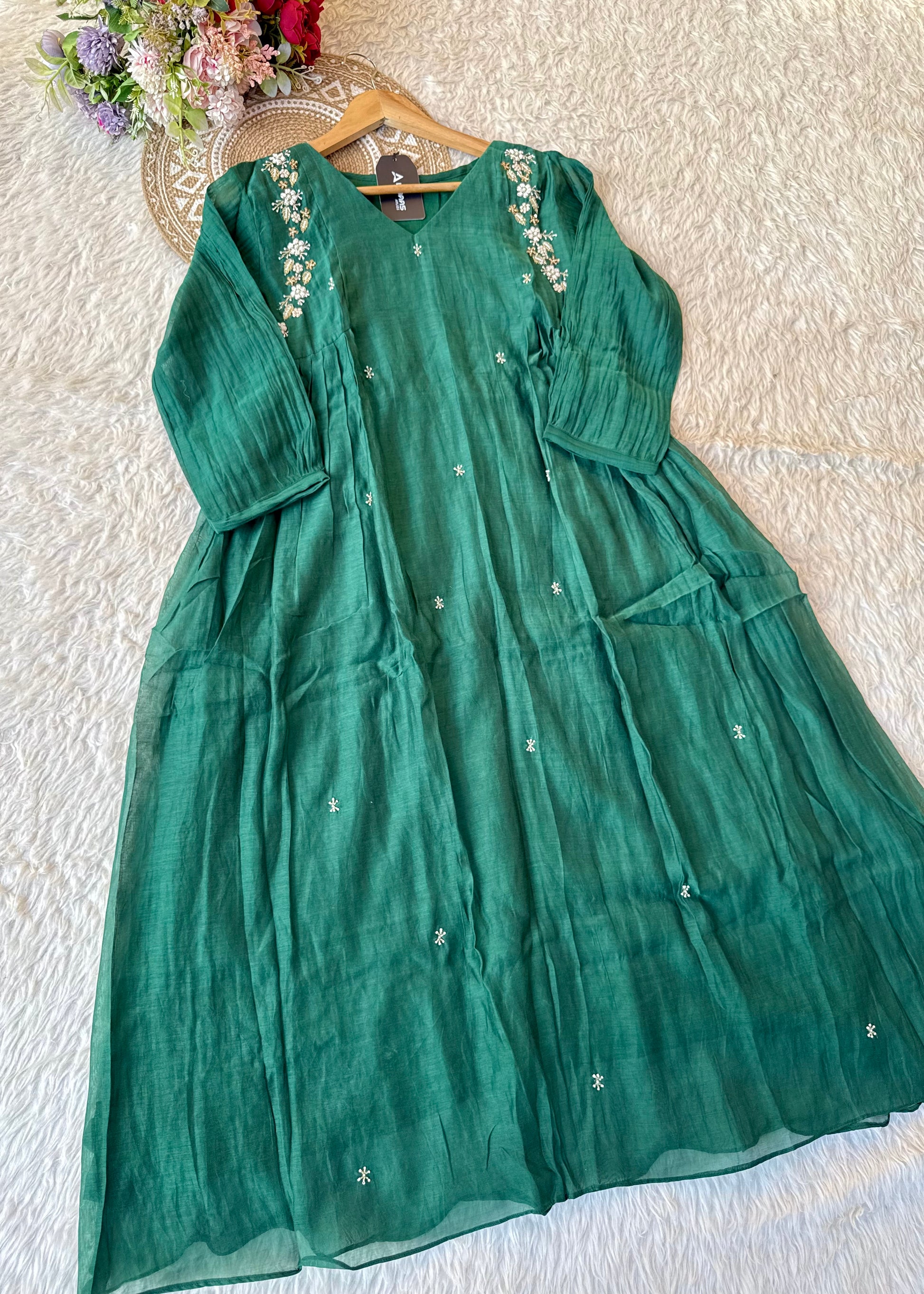 “Zayna” Premium Green Mul Chanderi anarkali kurta set