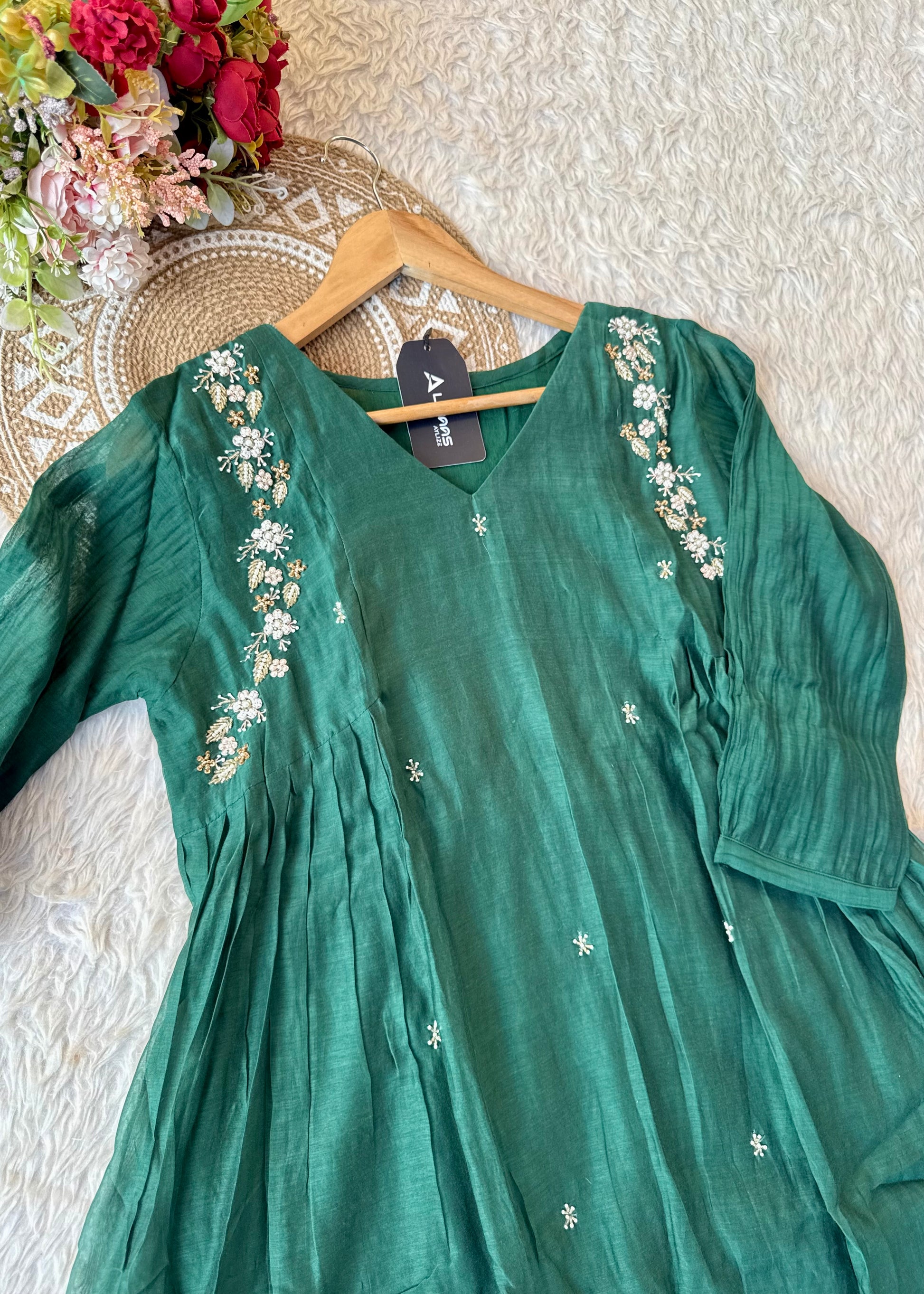 “Zayna” Premium Green Mul Chanderi anarkali kurta set
