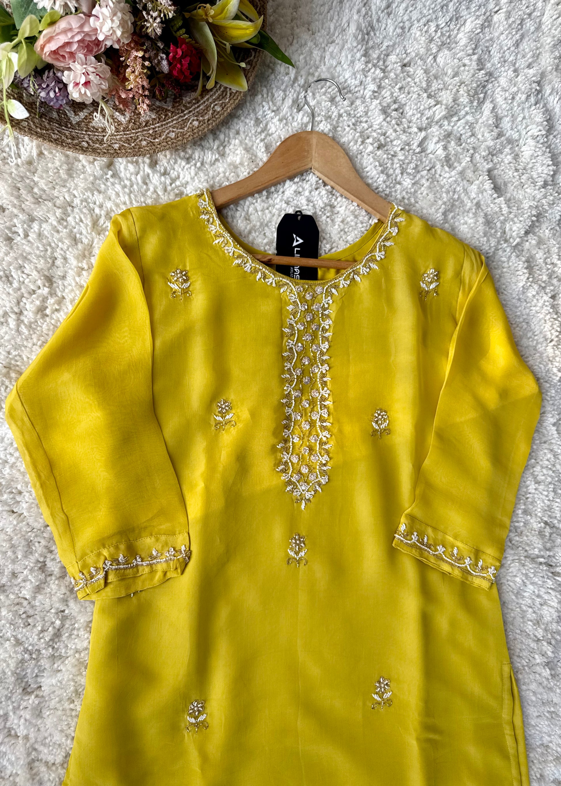 ✨ “Ariana – Mustard Yellow Premium Chinnon handwork kurta set