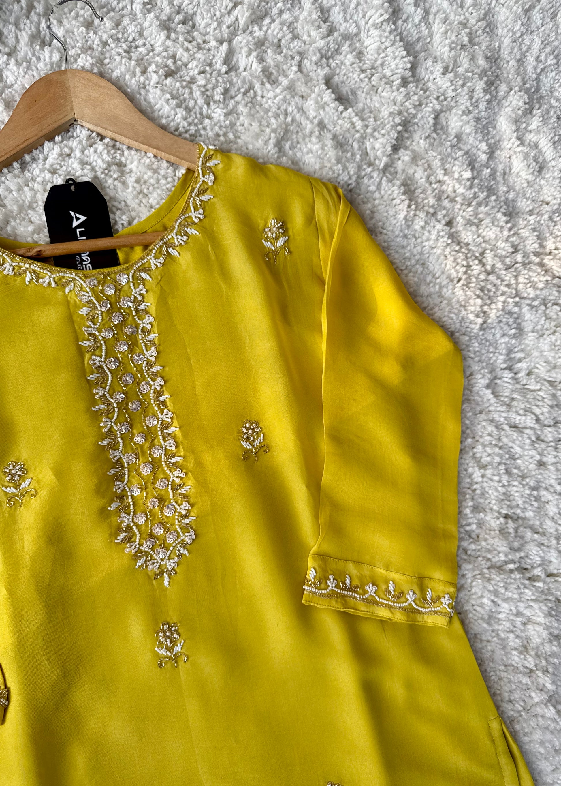 ✨ “Ariana – Mustard Yellow Premium Chinnon handwork kurta set