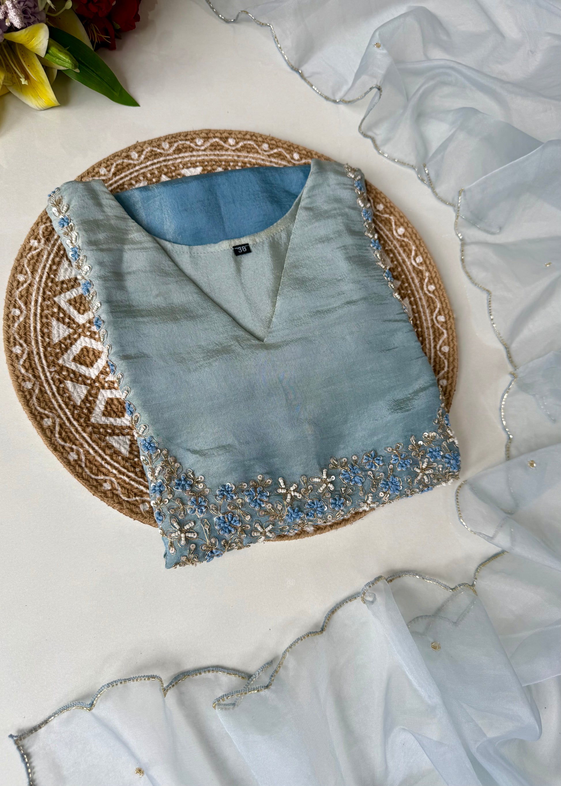 “Hansika” Ombre Tissue silk handcrafted kurti bottom dupatta set 🛍️