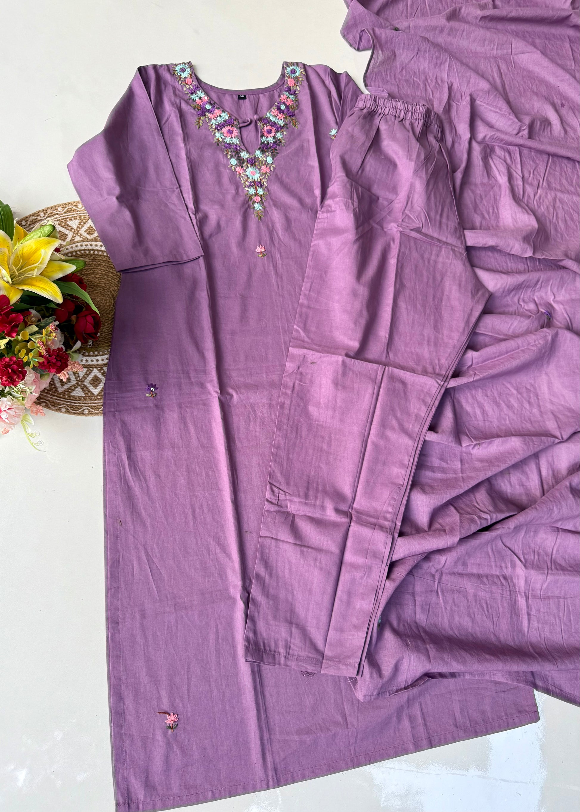 “Avnika” Premium cotton thread work kurta set