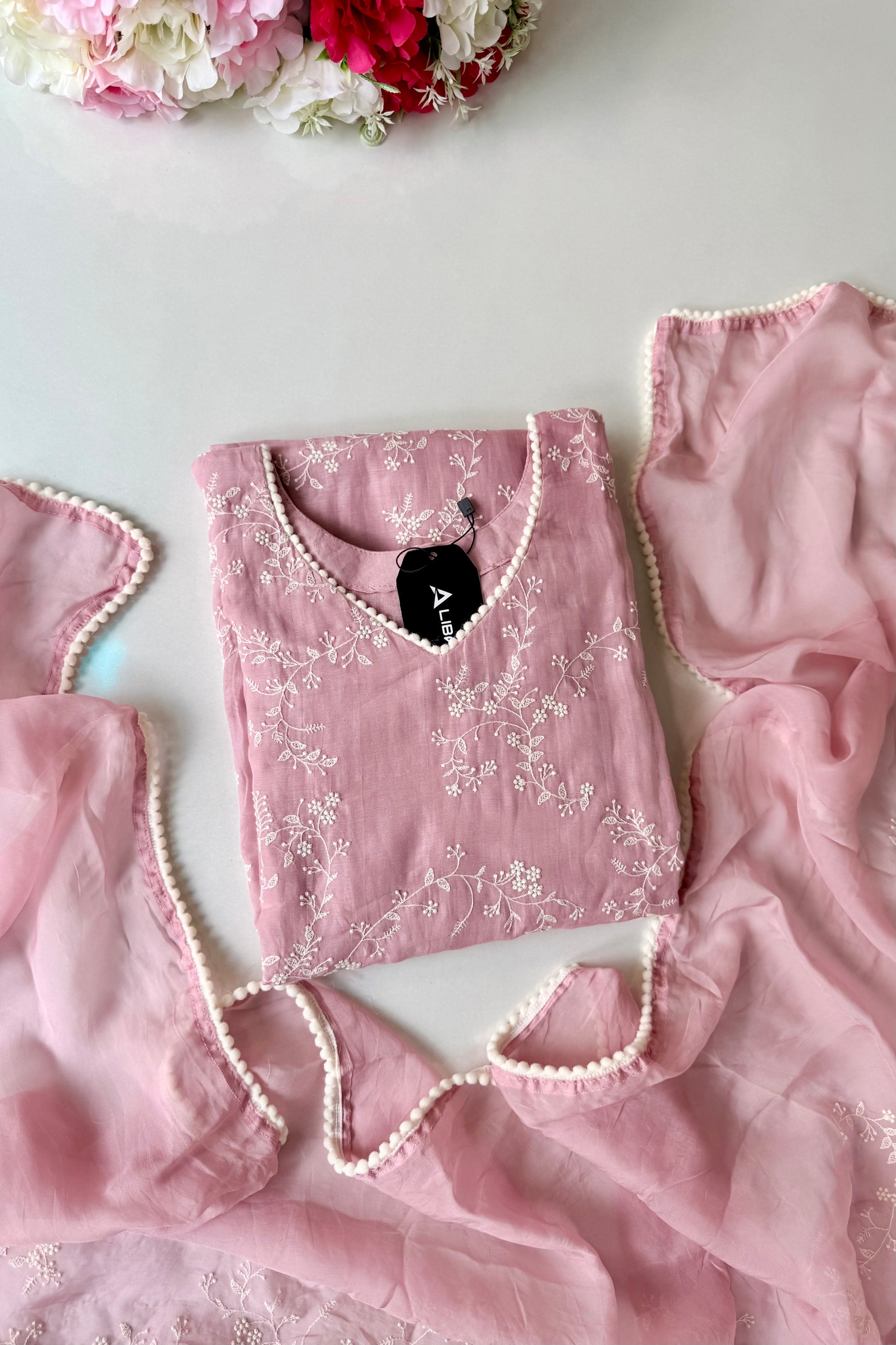 “Elina” Blossom Pink Mul Chanderi A Line Suit set 🛍️