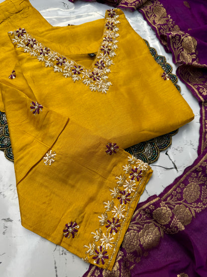 “Anannya” Beautiful Yellow V neck dola silk kurta set