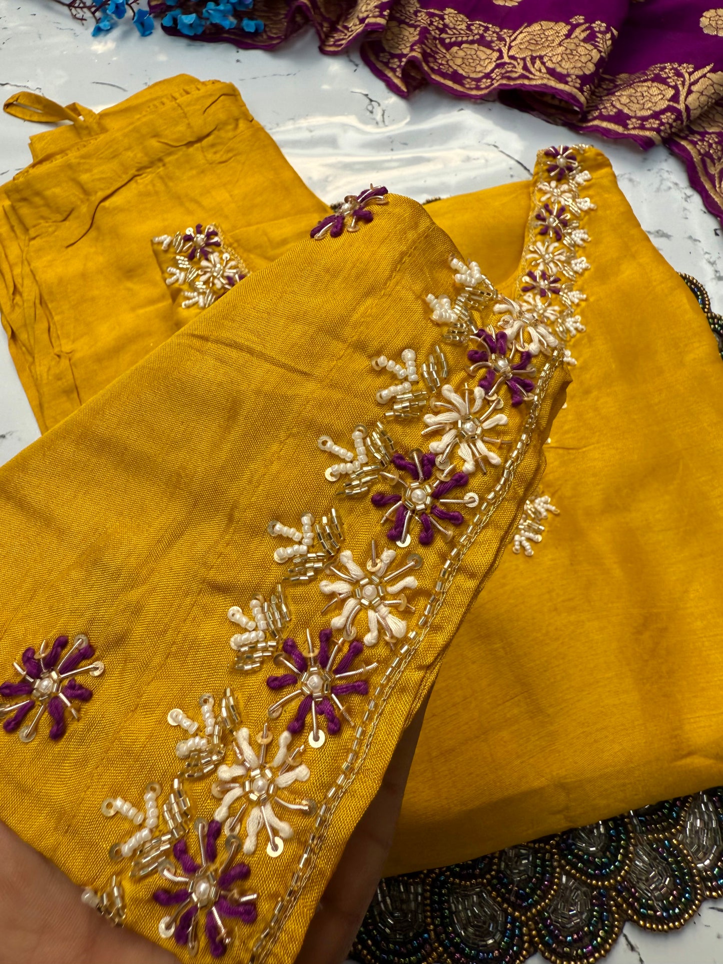 “Anannya” Beautiful Yellow V neck dola silk kurta set