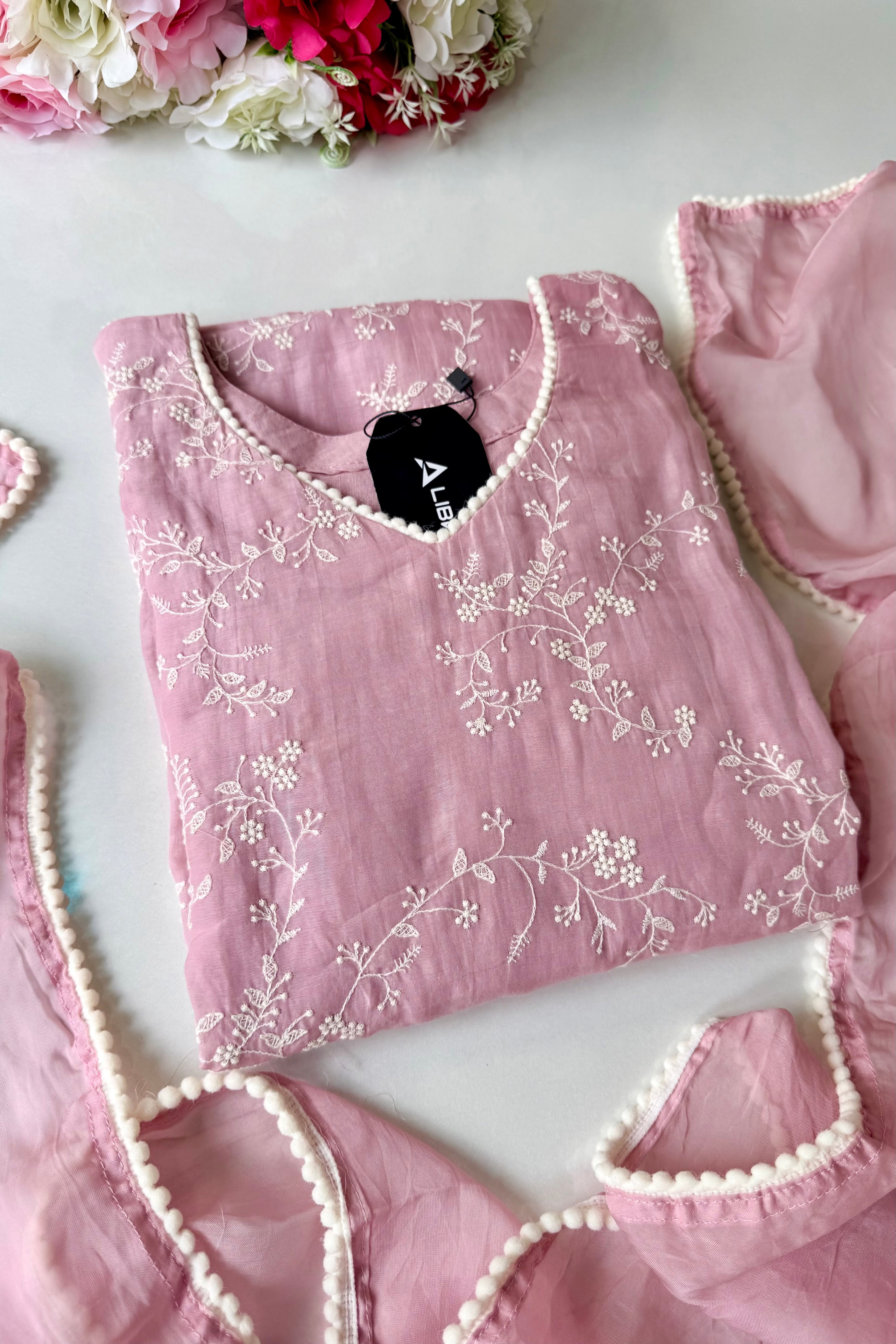 “Elina” Blossom Pink Mul Chanderi A Line Suit set 🛍️