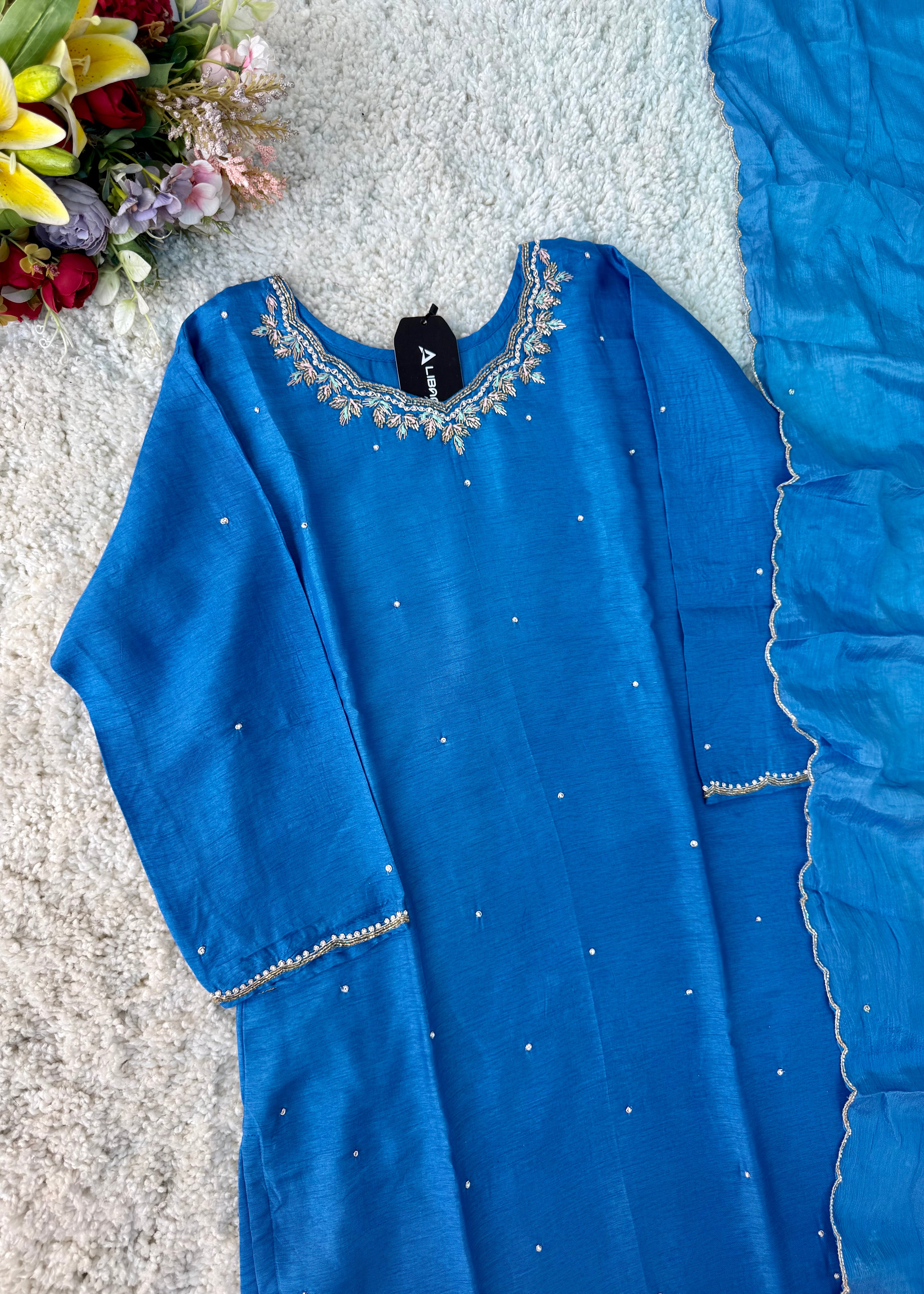 “Nitya” Premium Dola silk Kurta with Bottom & Dupatta