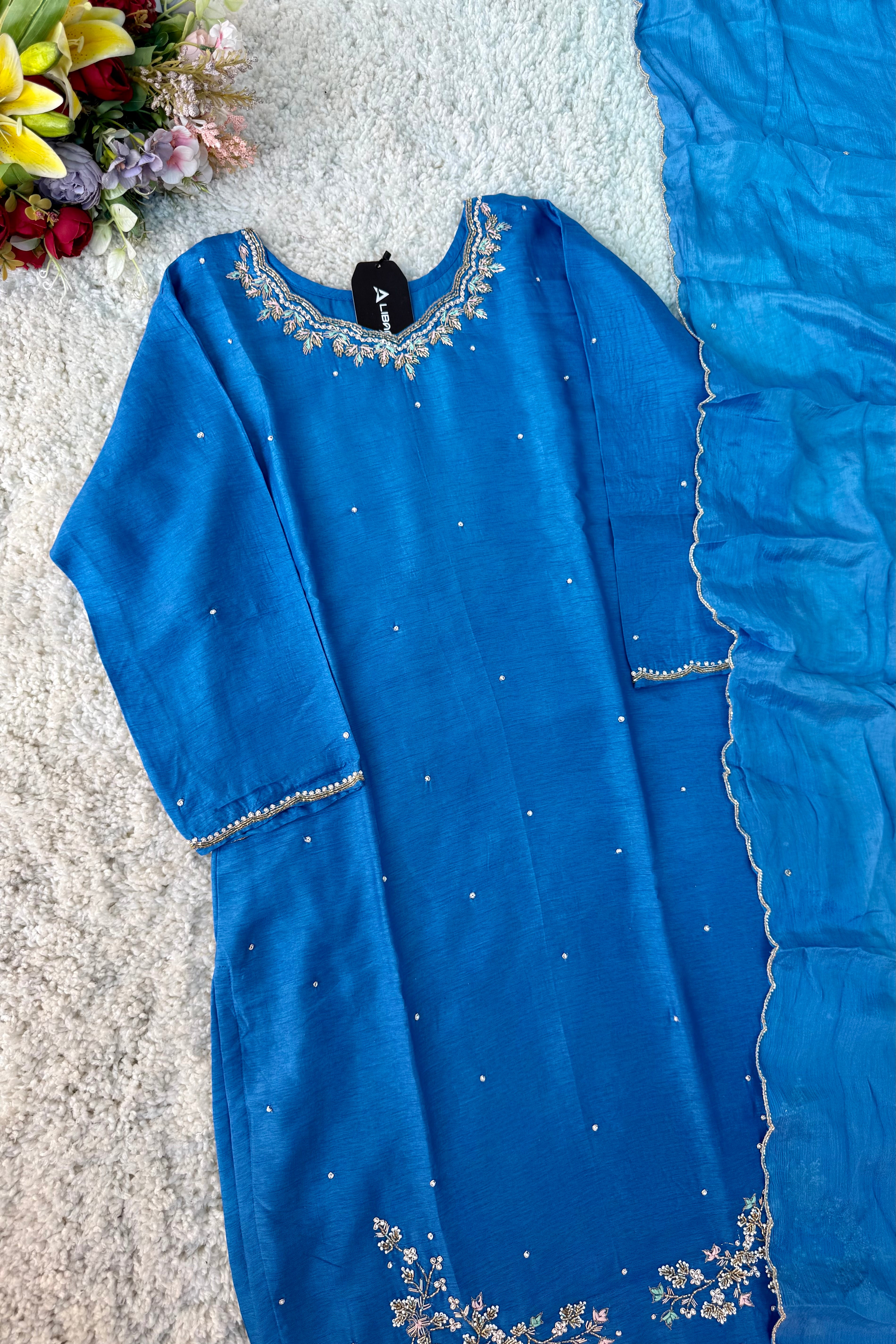 “Nitya” Premium Dola silk Kurta with Bottom & Dupatta