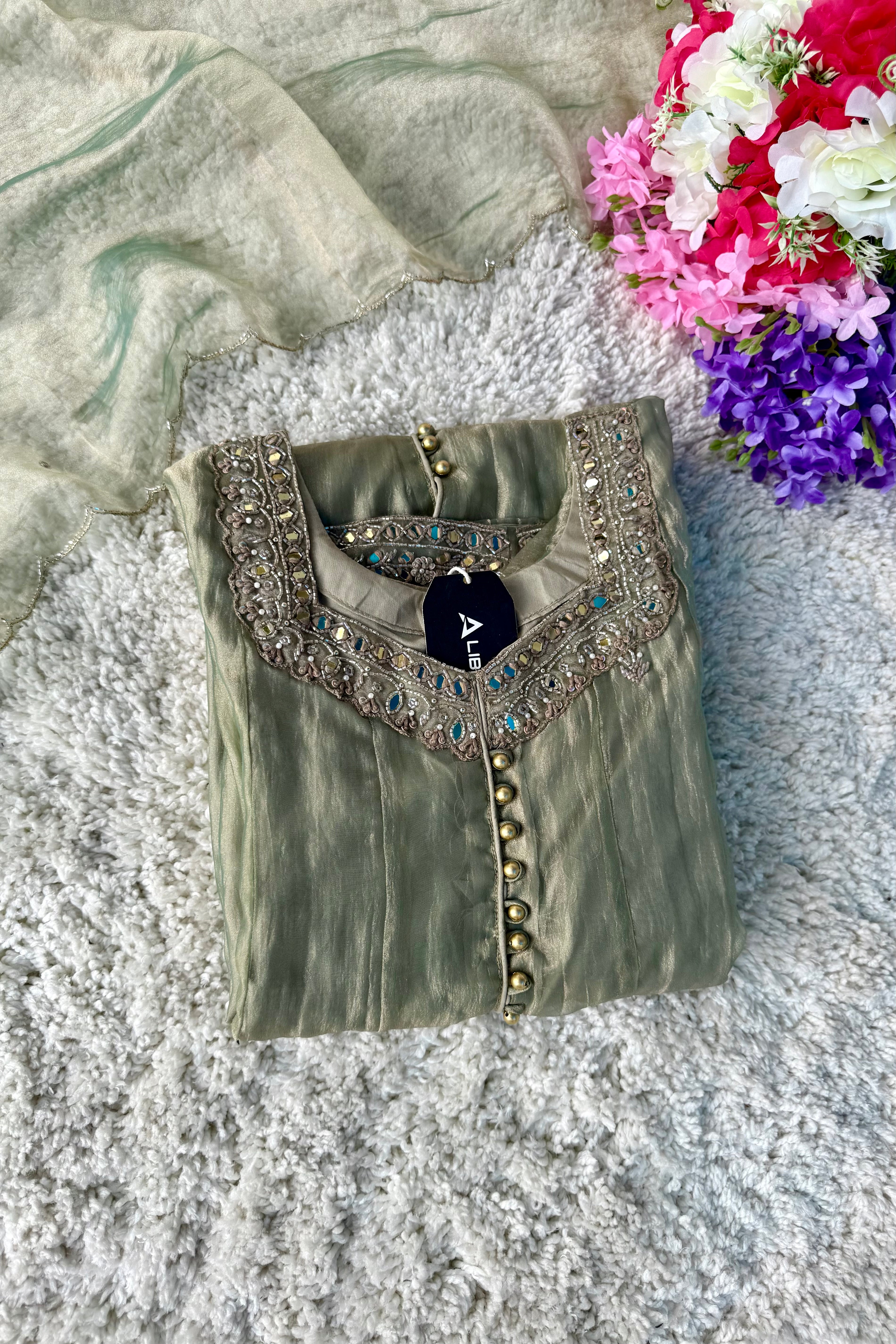 ✨Aiyana- Crushed Tissue Heavy Handwork Anarkali Suit