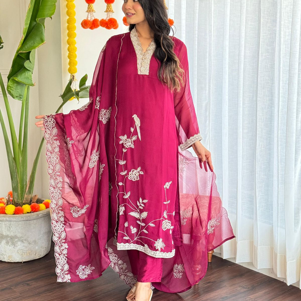 “ARIA” Premium Heavy Silk V neck Embroidered kurti set