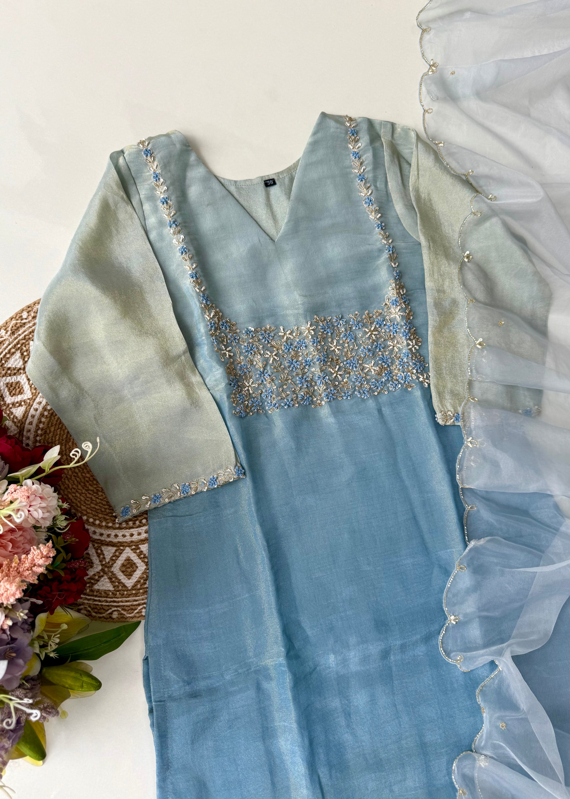 “Hansika” Ombre Tissue silk handcrafted kurti bottom dupatta set 🛍️