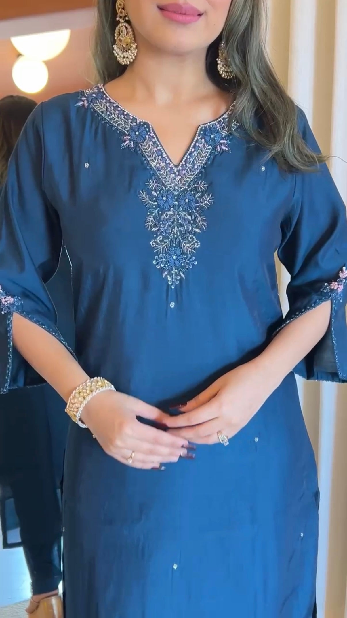 “KAVERI” Premium roman silk handcrafted kurti set