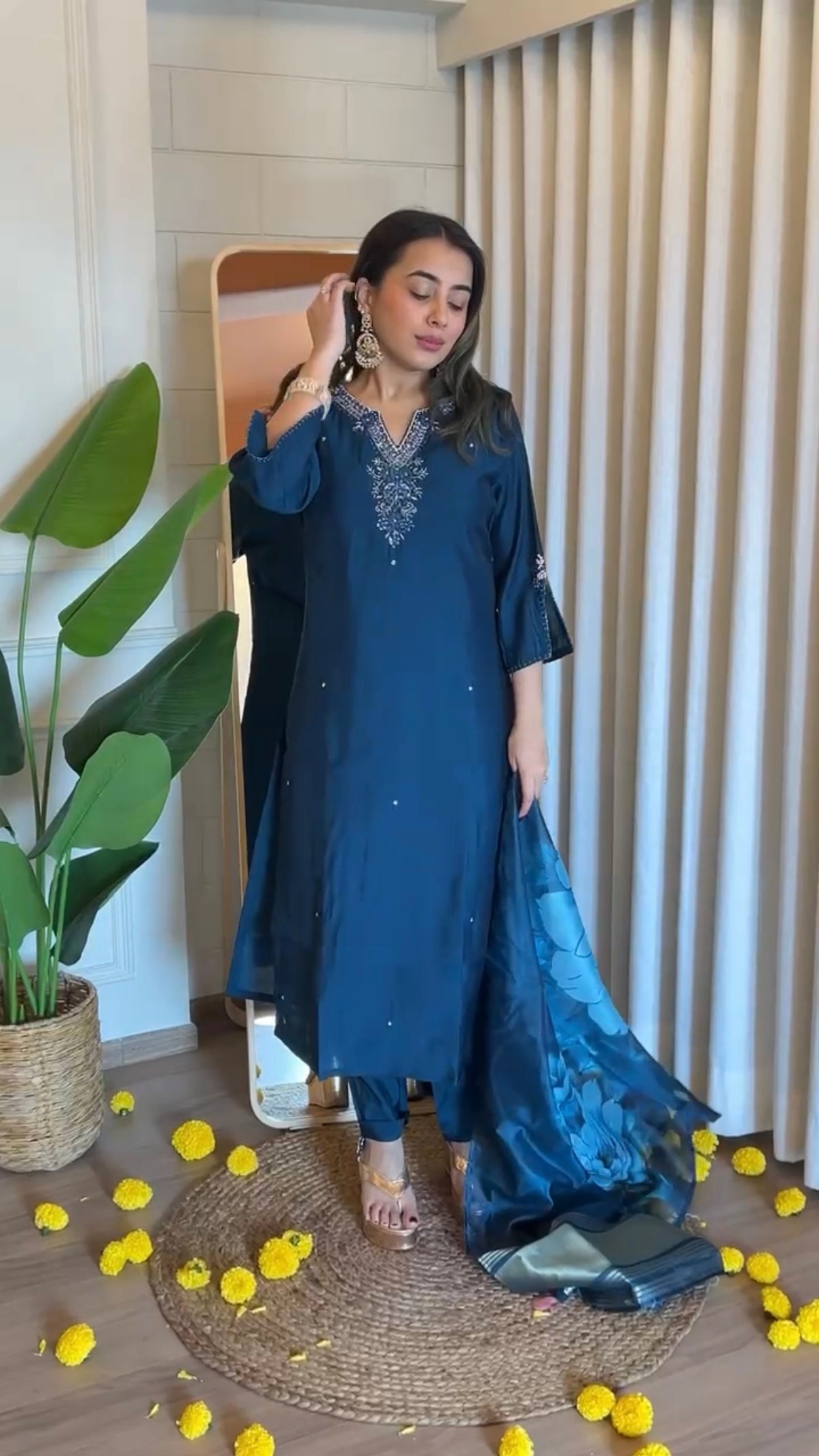 “KAVERI” Premium roman silk handcrafted kurti set