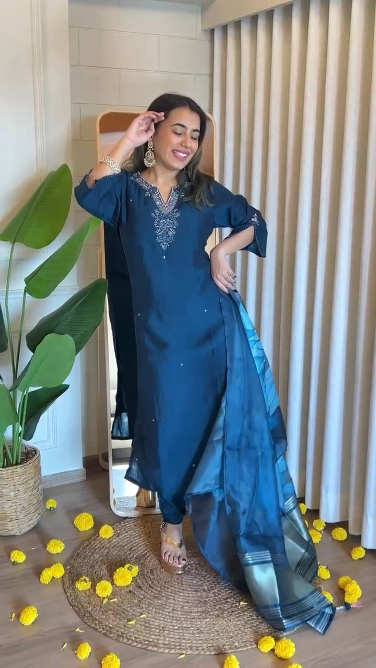 “KAVERI” Premium roman silk handcrafted kurti set