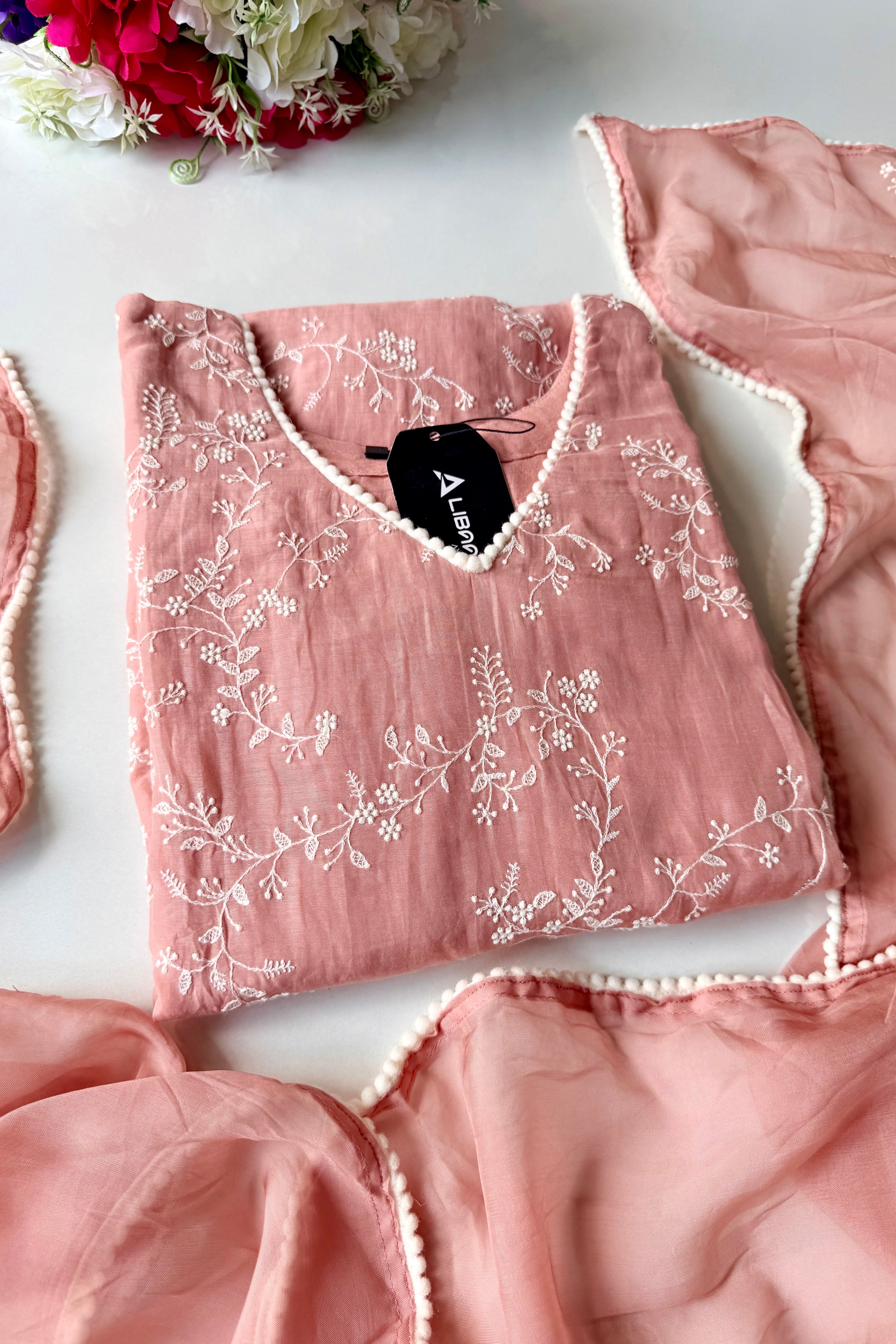 “Elina” Blush Peach Mul Chanderi A Line Suit set 🛍️