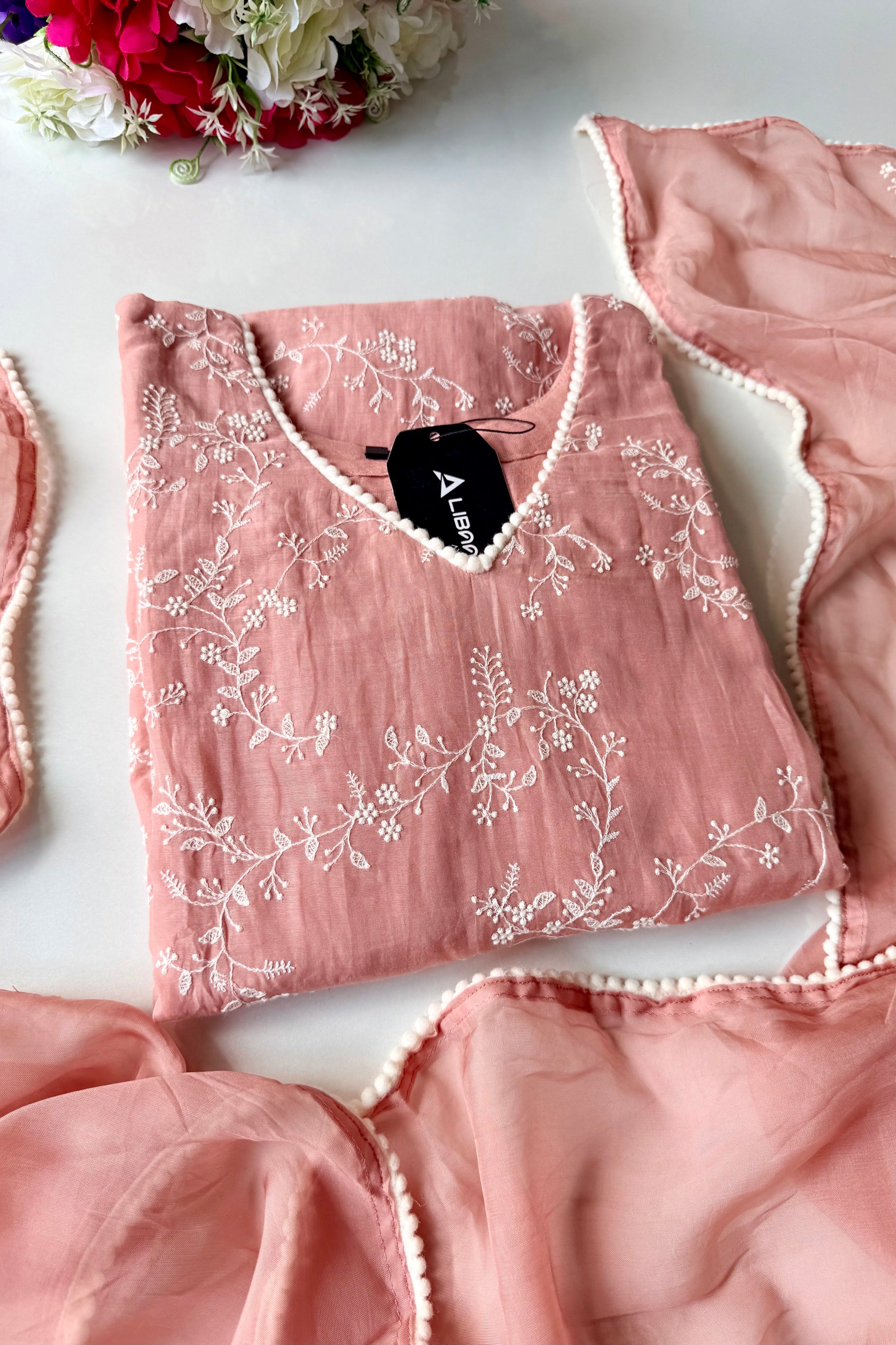 “Elina” Blush Peach Mul Chanderi A Line Suit set 🛍️