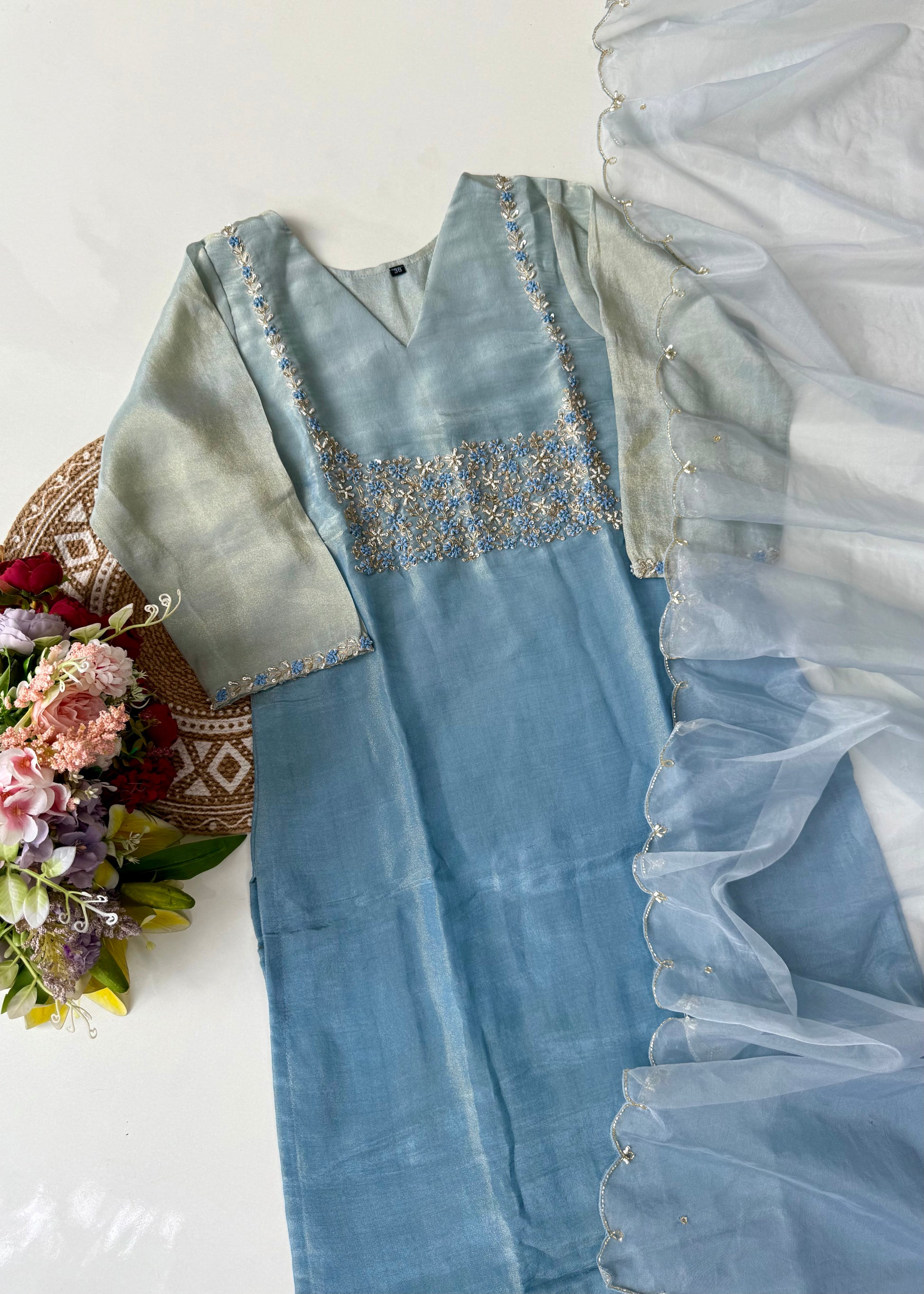 “Hansika” Ombre Tissue silk handcrafted kurti bottom dupatta set 🛍️